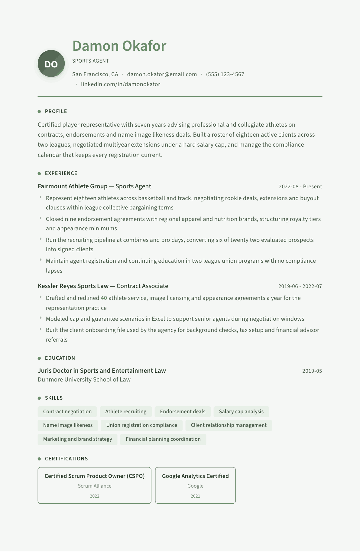 Sports Agent resume example, Sage Garden template