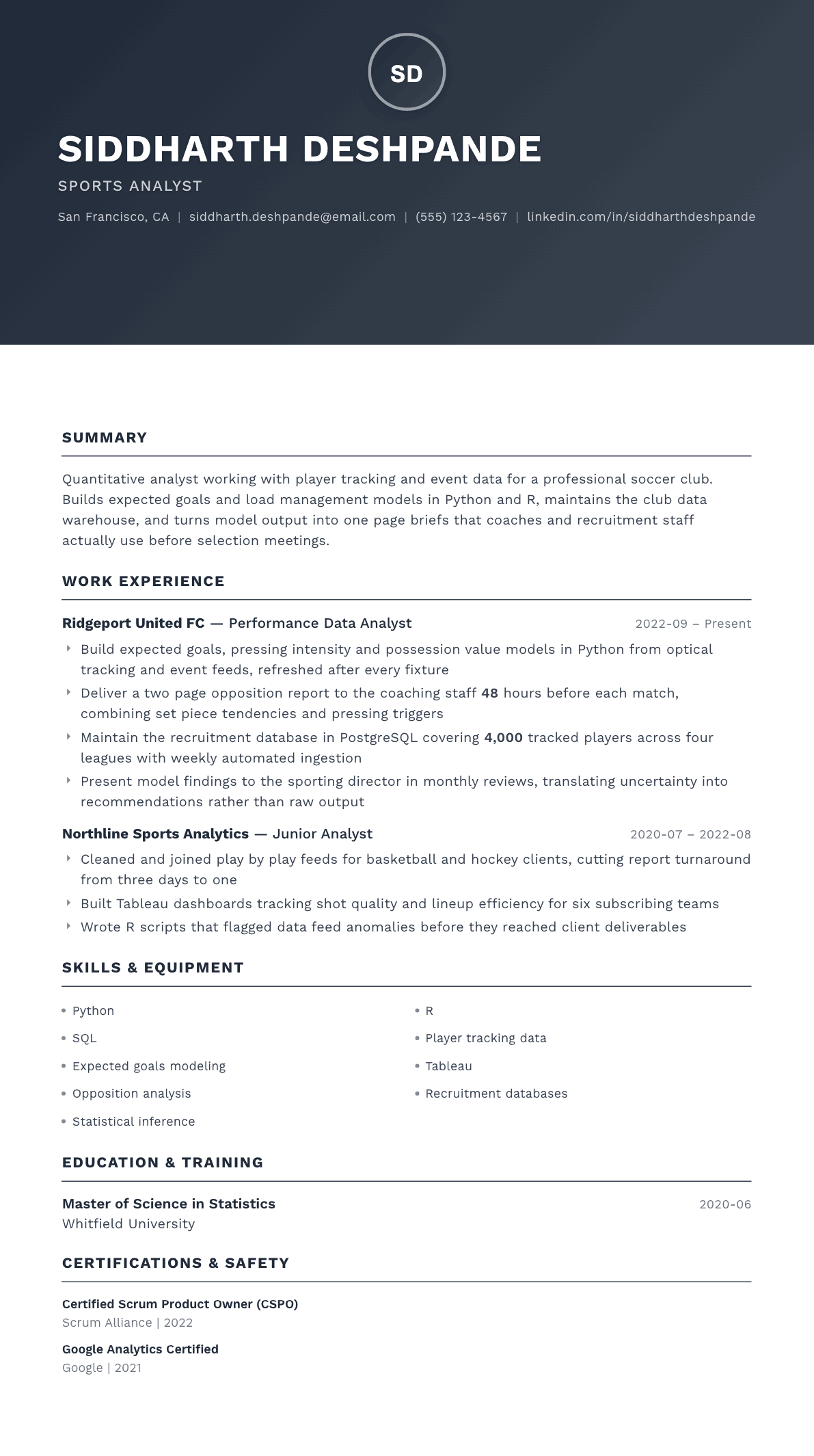 Sports Analyst resume example, Foundation template