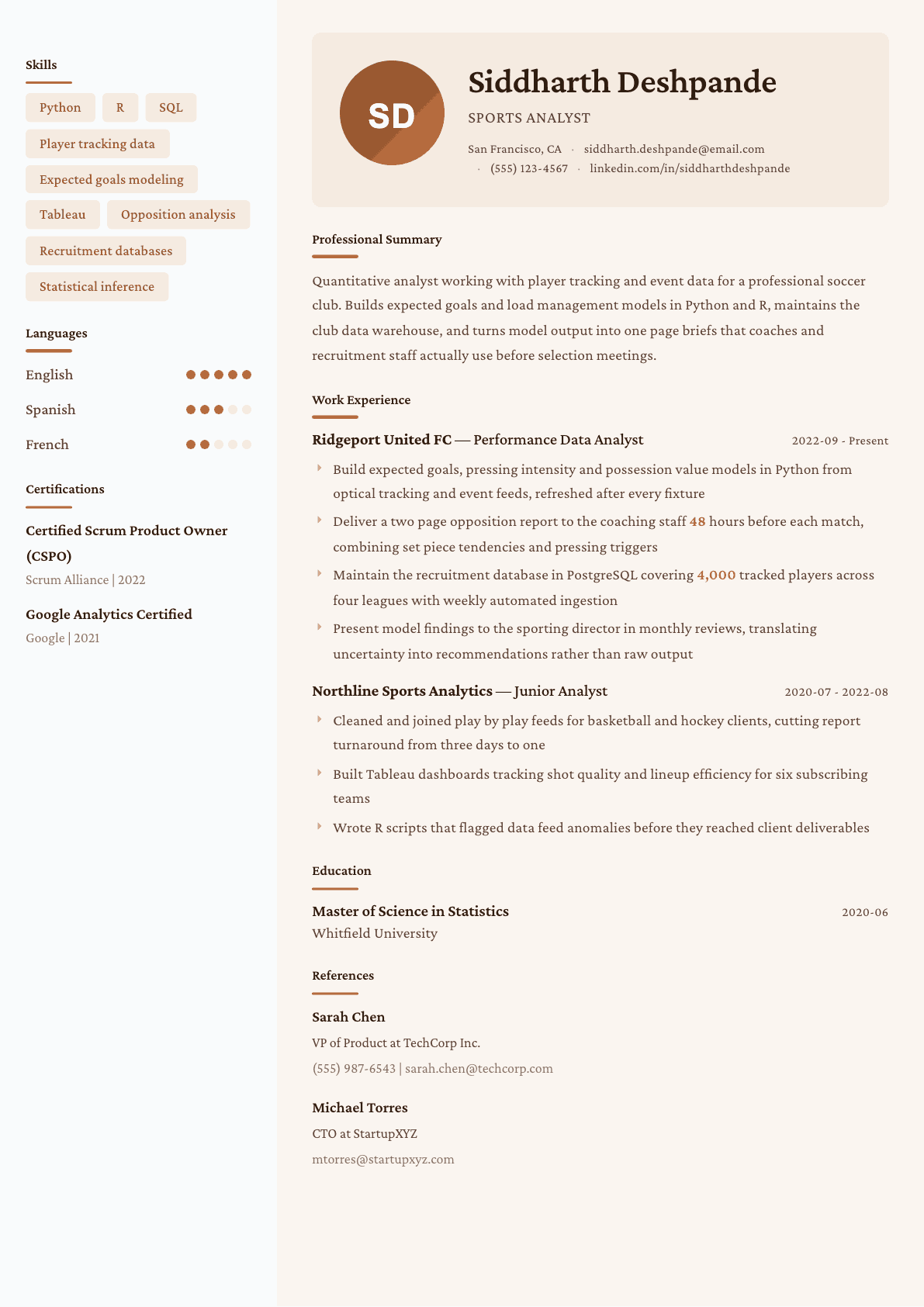 Sports Analyst resume example, Lisbon template