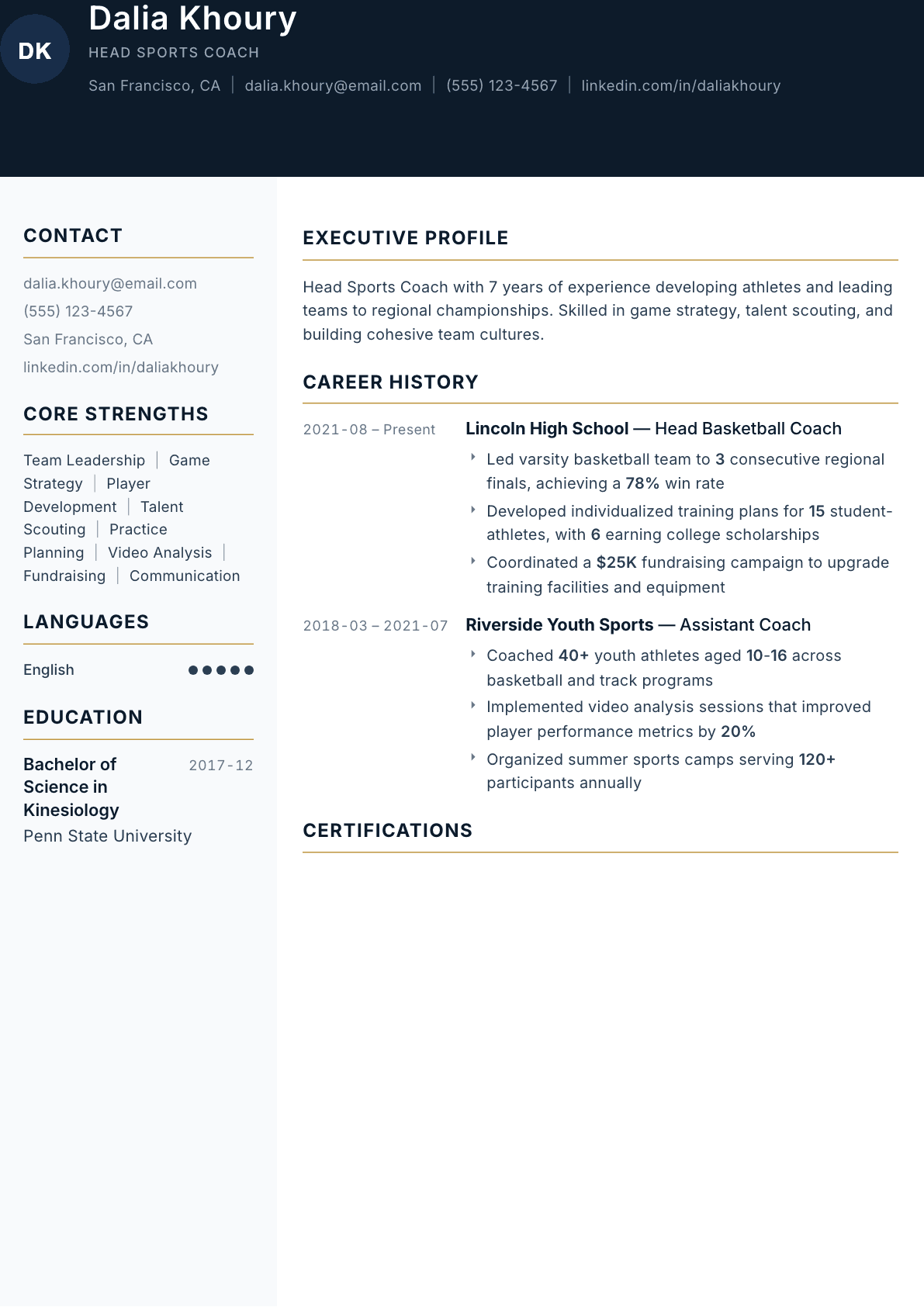 Sports Coach resume example, Consulate template