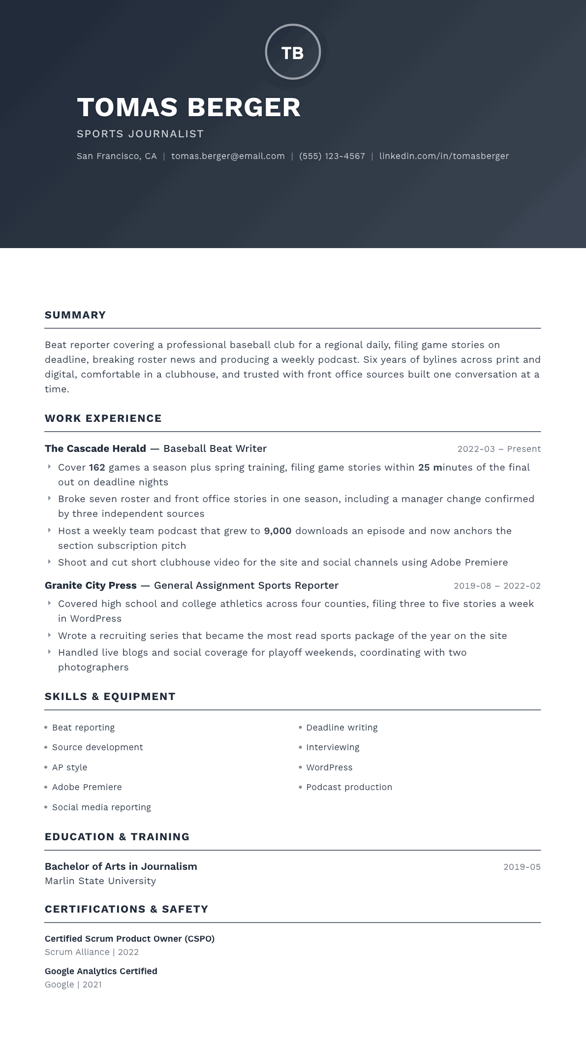 Sports Journalist resume example, Foundation template