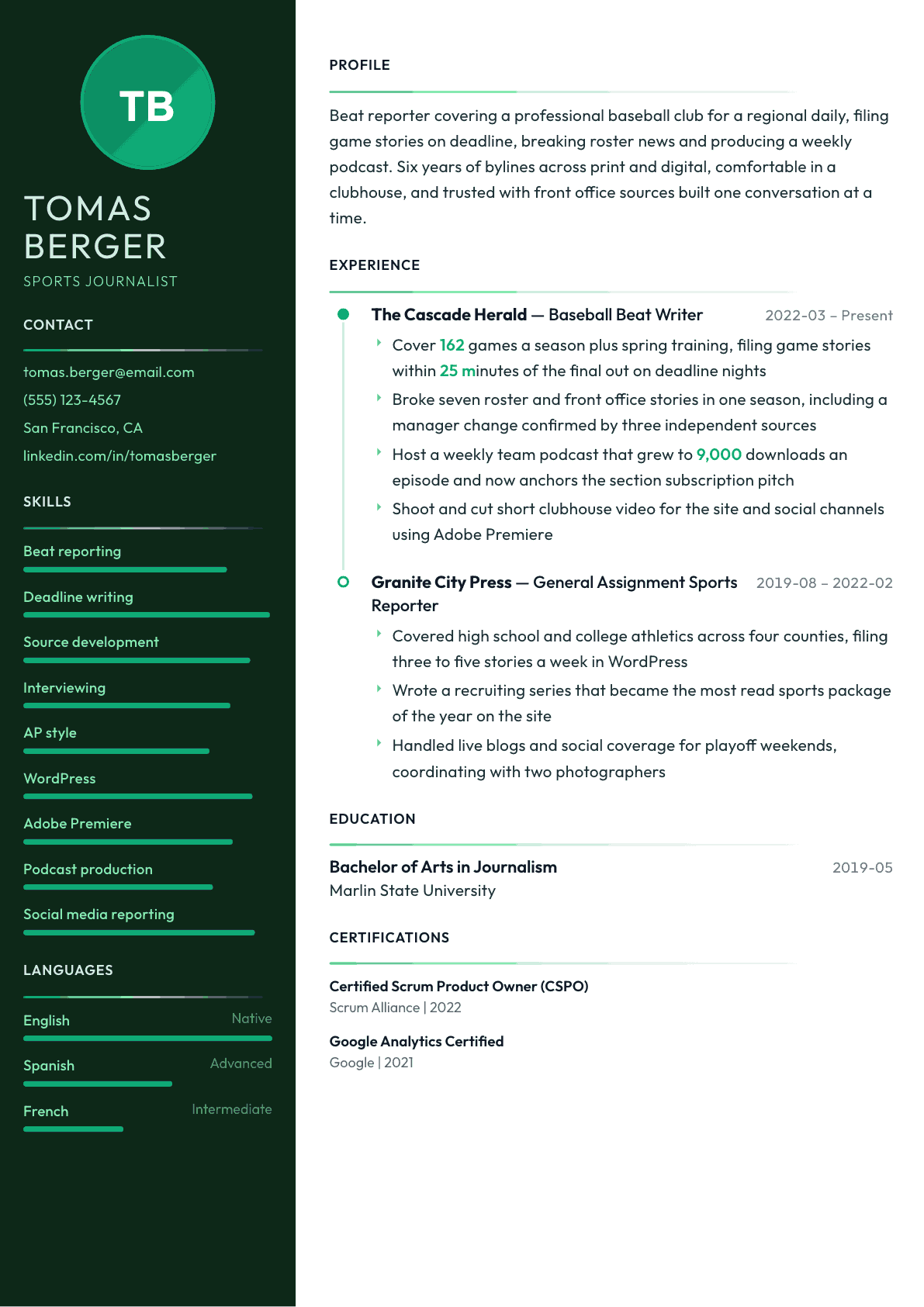 Sports Journalist resume example, Meridian template