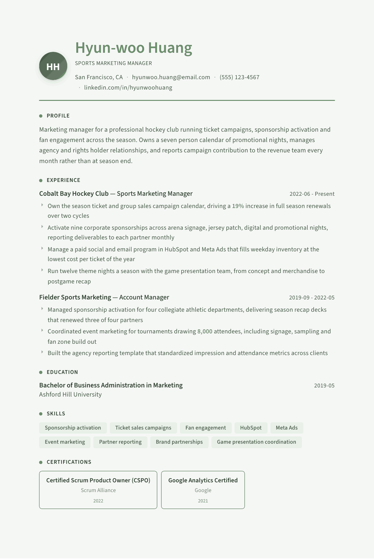 Sports Marketing Manager resume example, Sage Garden template