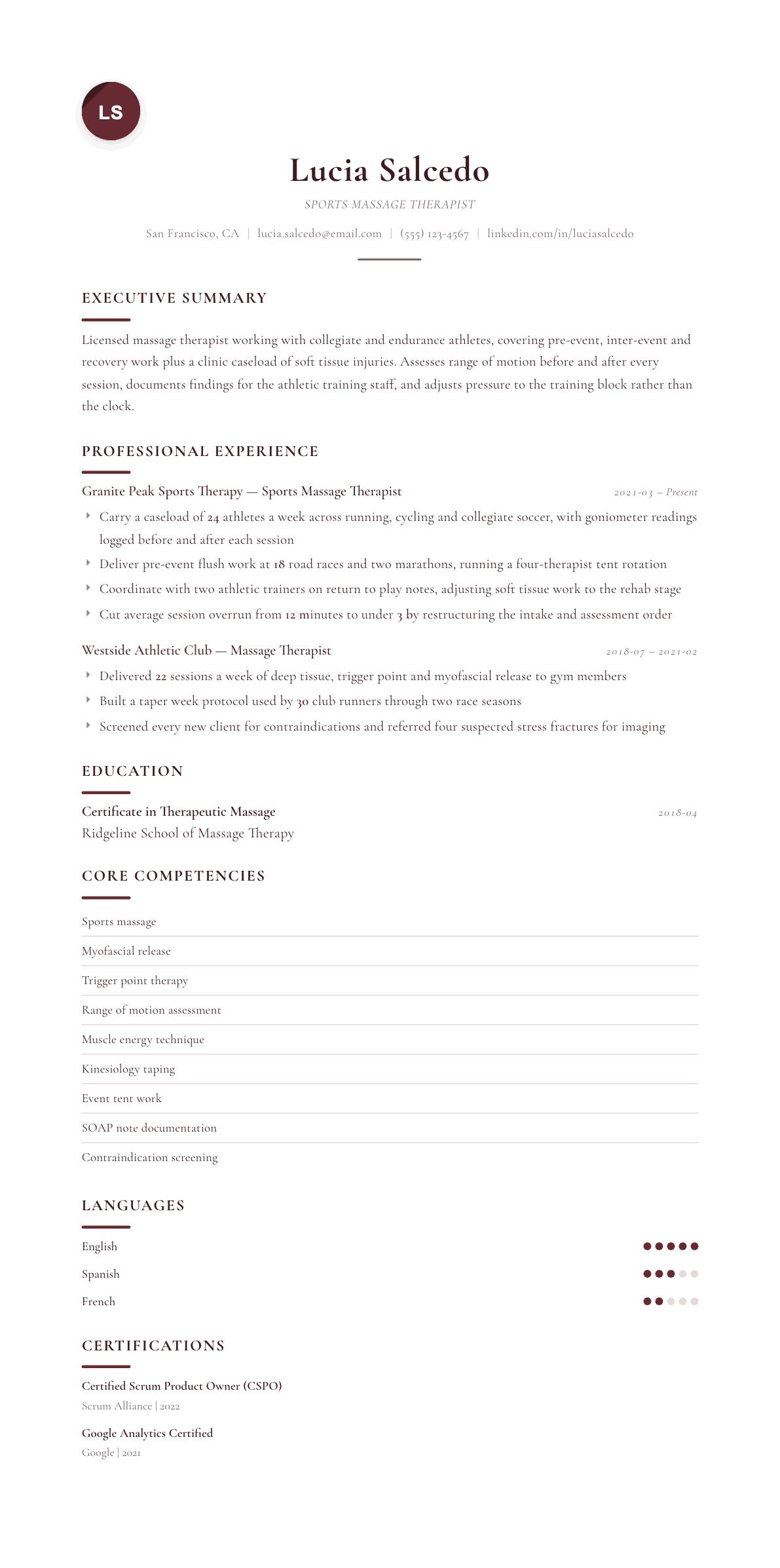 Sports Massage Therapist resume example, Diplomat template