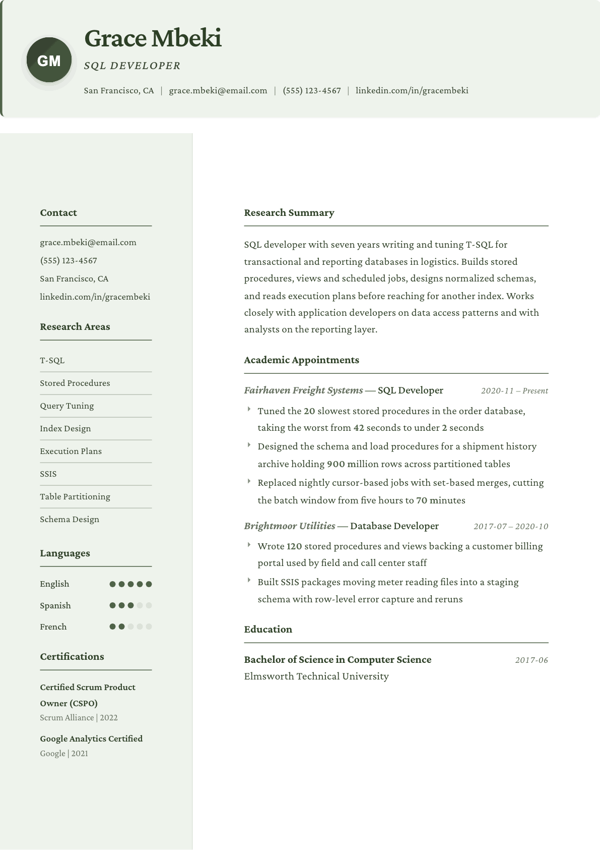 SQL Developer resume example, Research template