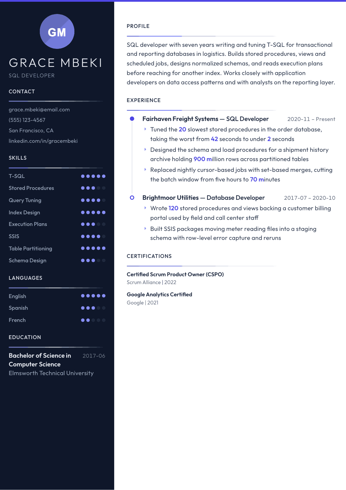 SQL Developer resume example, Zenith template