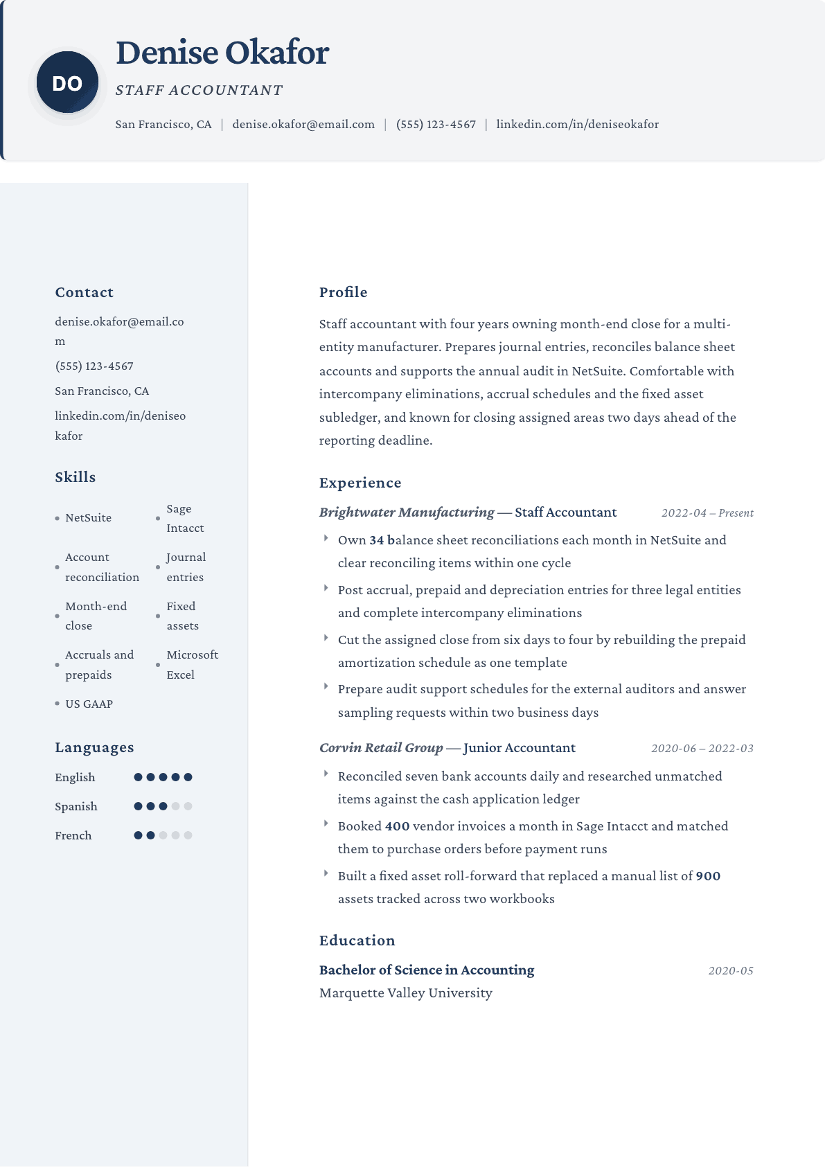 Staff Accountant resume example, Formal template