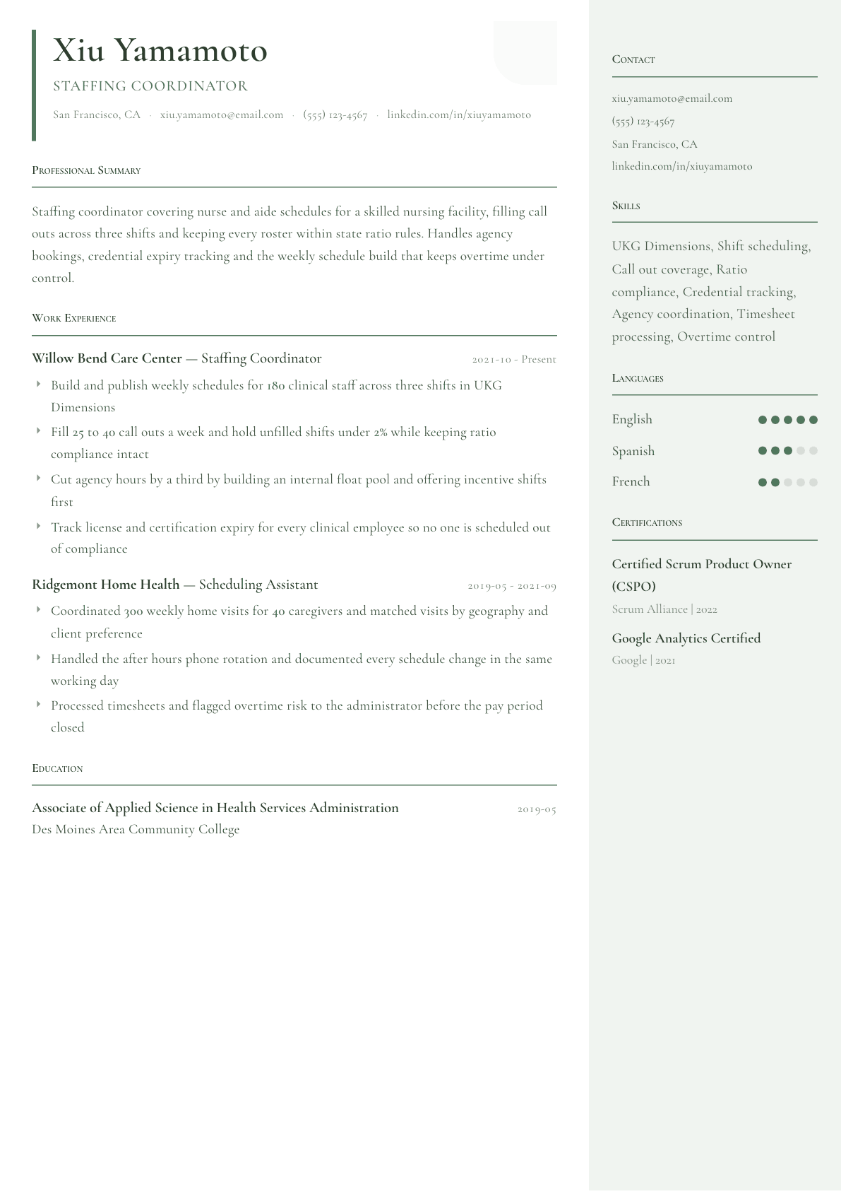 Staffing Coordinator resume example, Copenhagen template