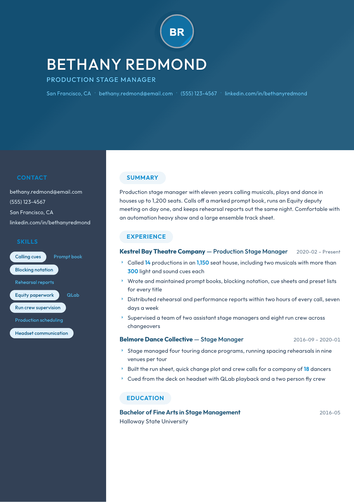 Stage Manager resume example, Nexus template