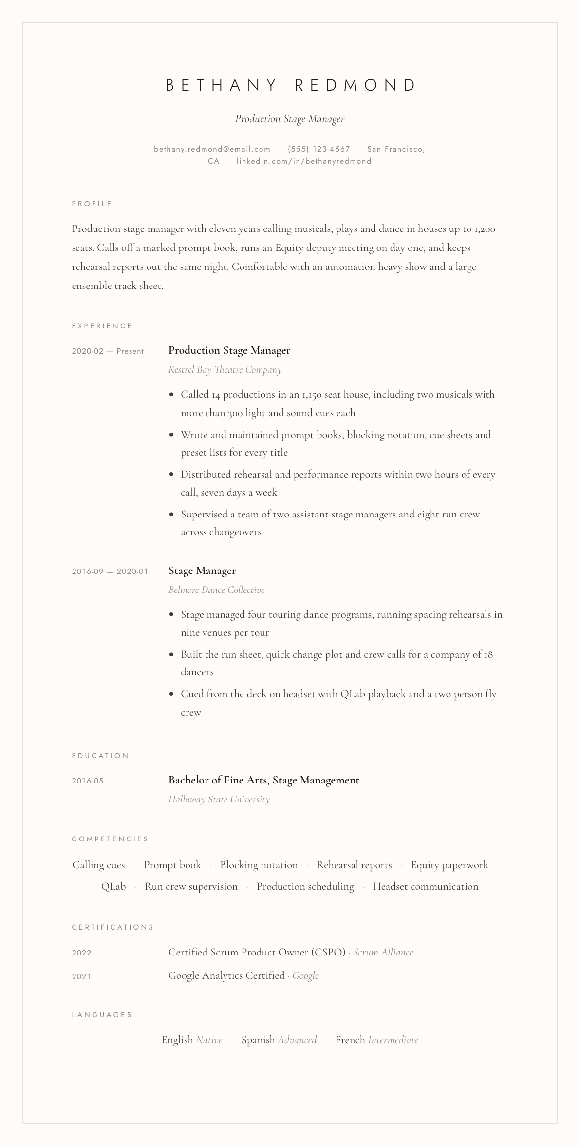 Stage Manager resume example, Vellum template