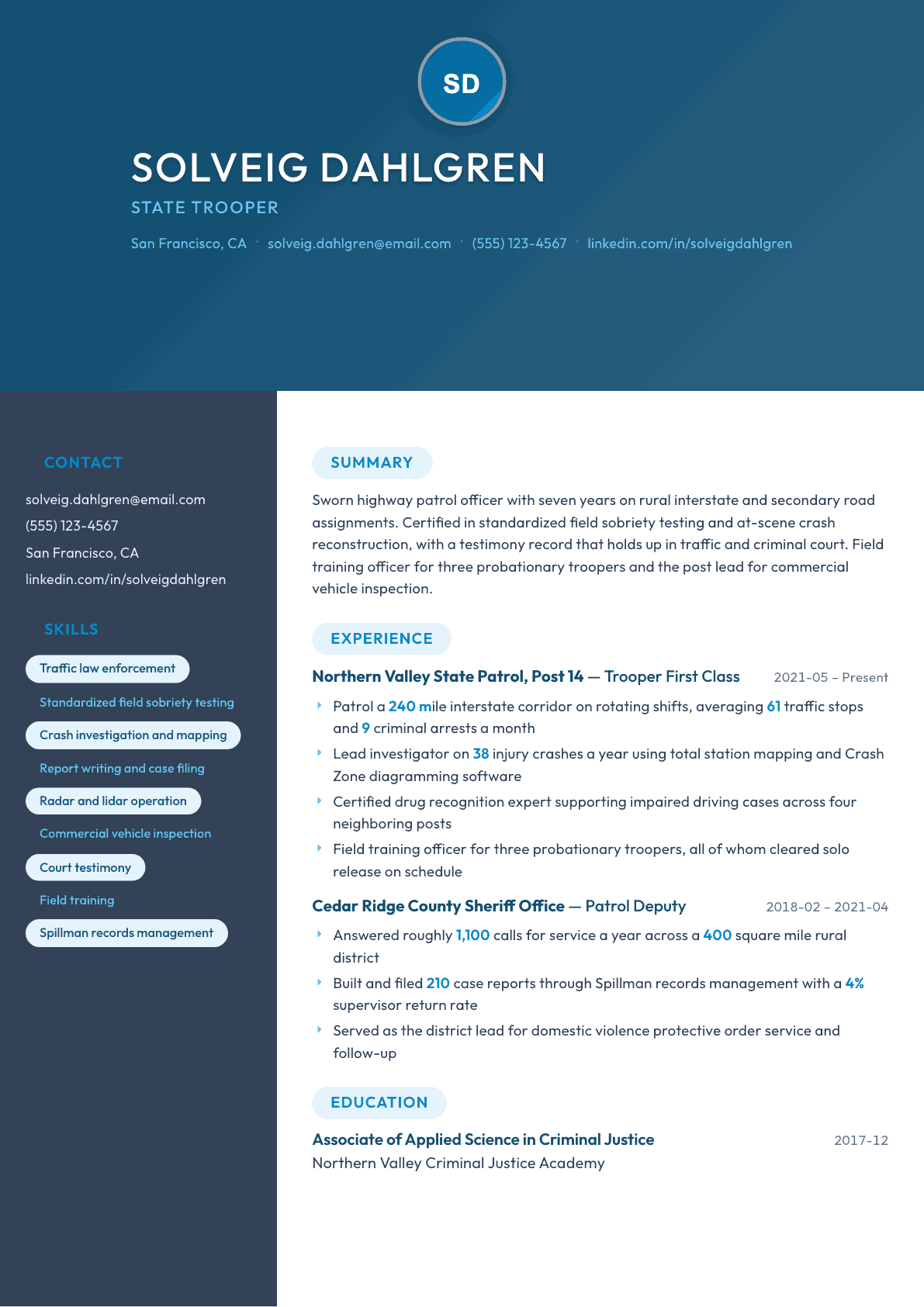 State Trooper resume example, Nexus template