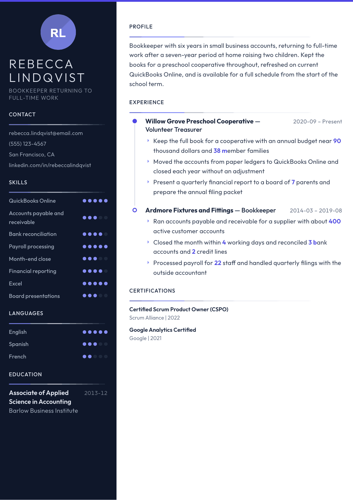 Stay-at-Home Parent Returning to Work resume example, Zenith template