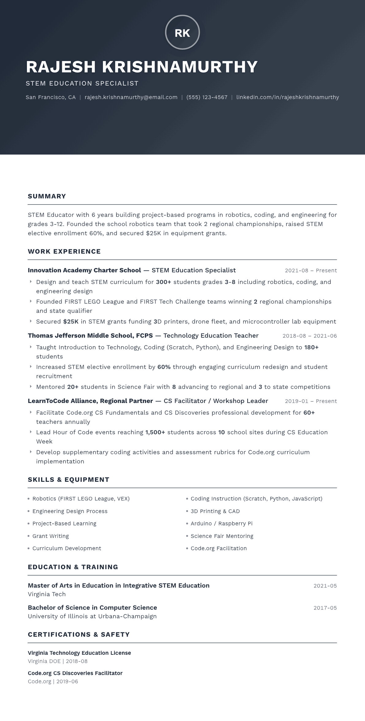 STEM Educator resume example, Foundation template