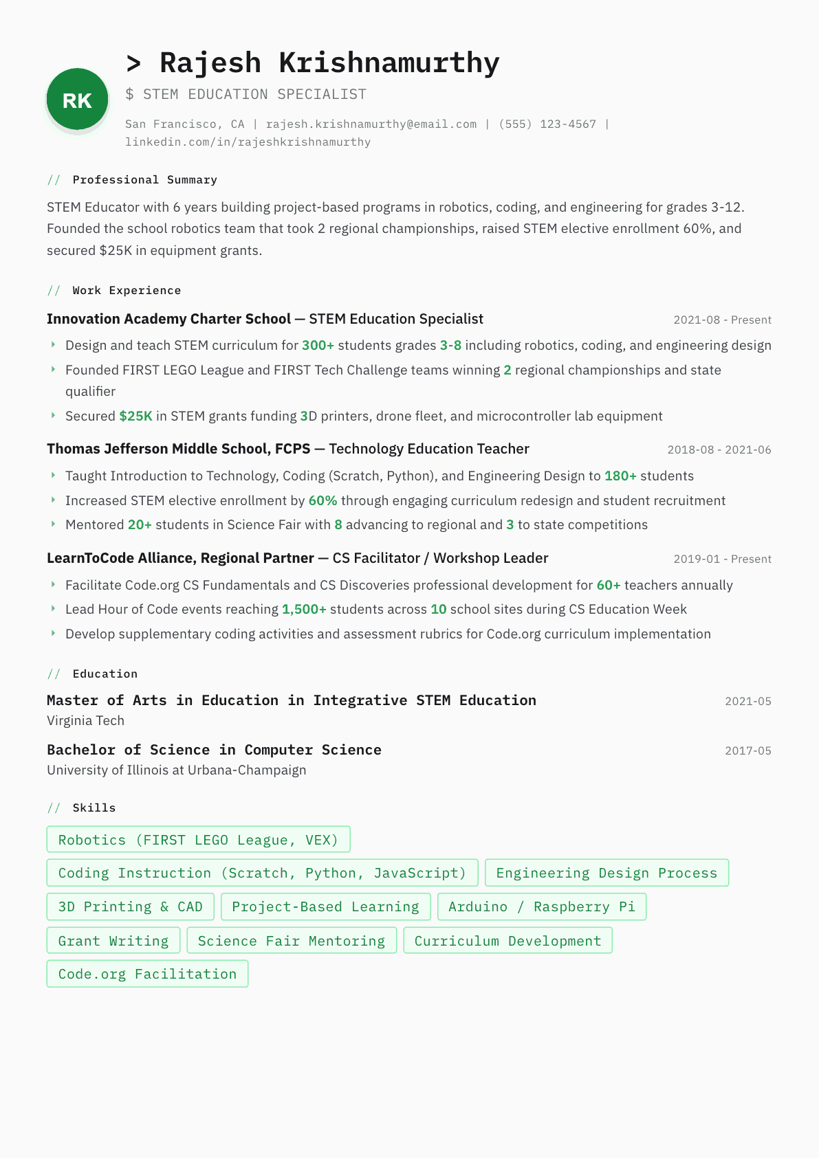 STEM Educator resume example, Amsterdam template