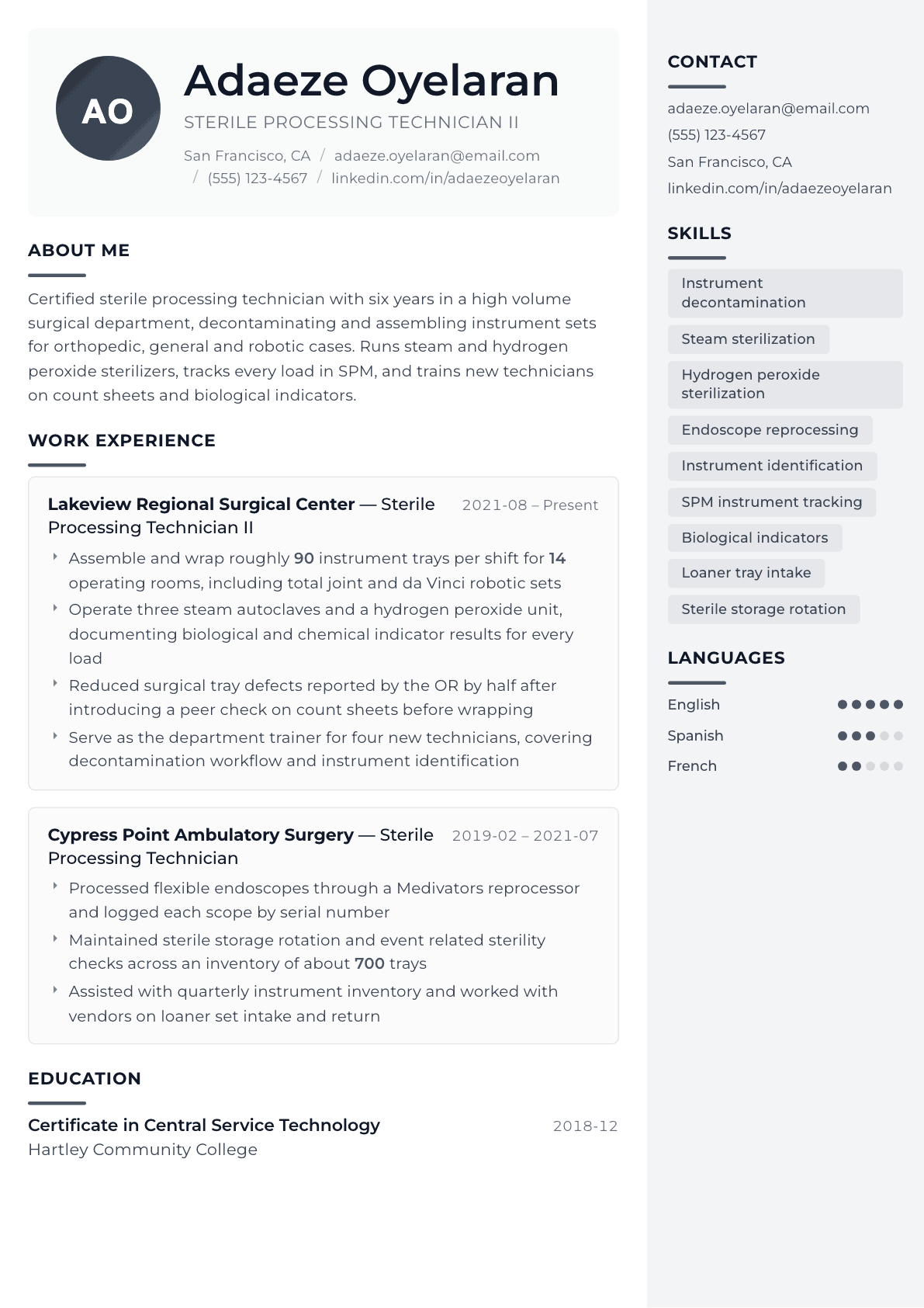 Sterile Processing Technician resume example, Metropolitan template