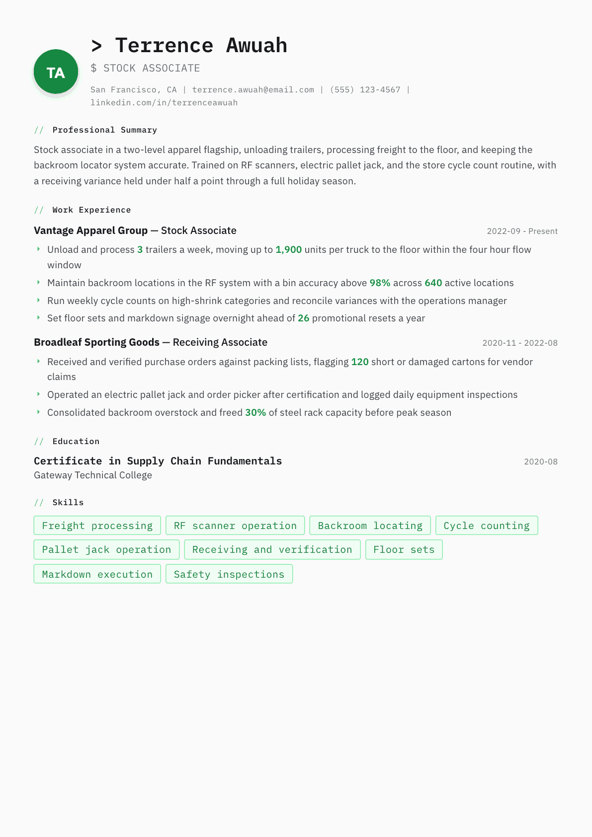 Stock Associate resume example, Amsterdam template