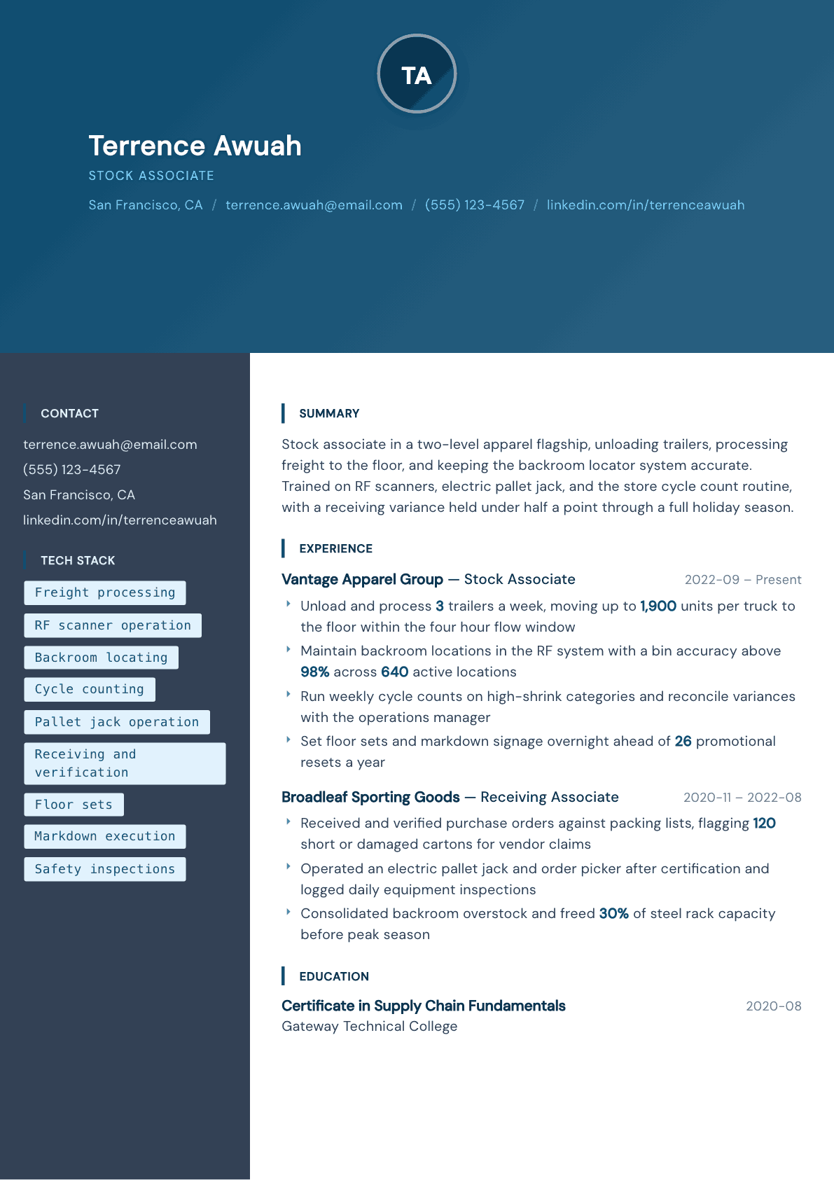 Stock Associate resume example, Prism template