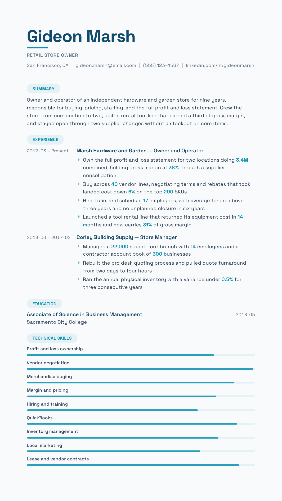 Store Owner resume example, Horizon template