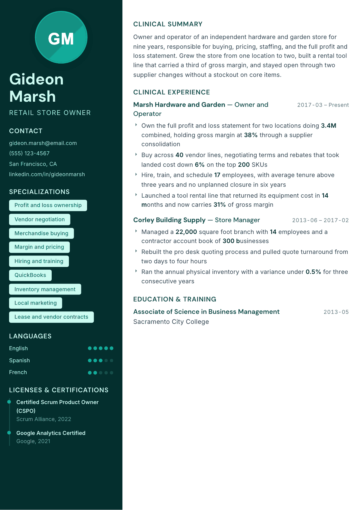 Store Owner resume example, Vitalis template