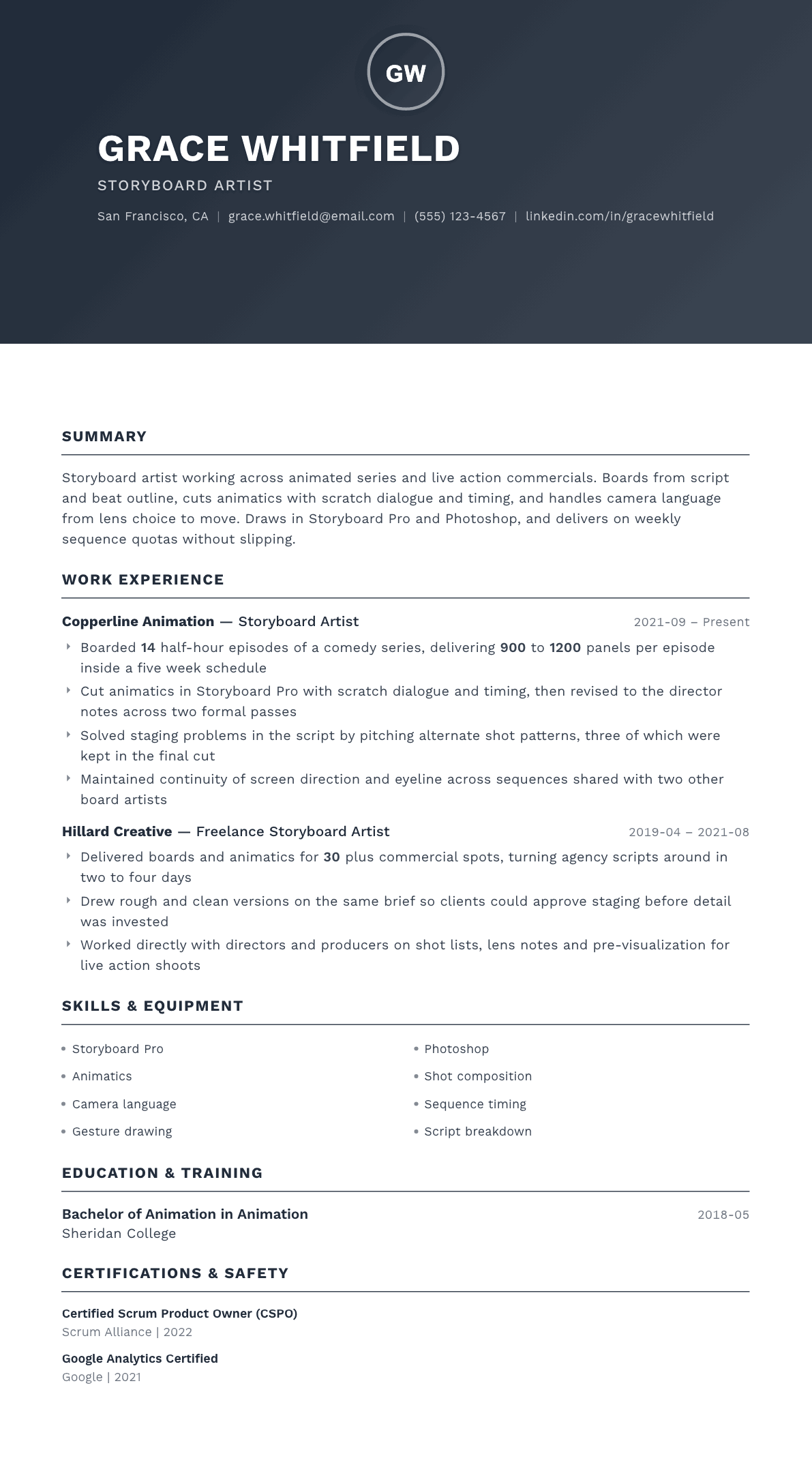 Storyboard Artist resume example, Foundation template