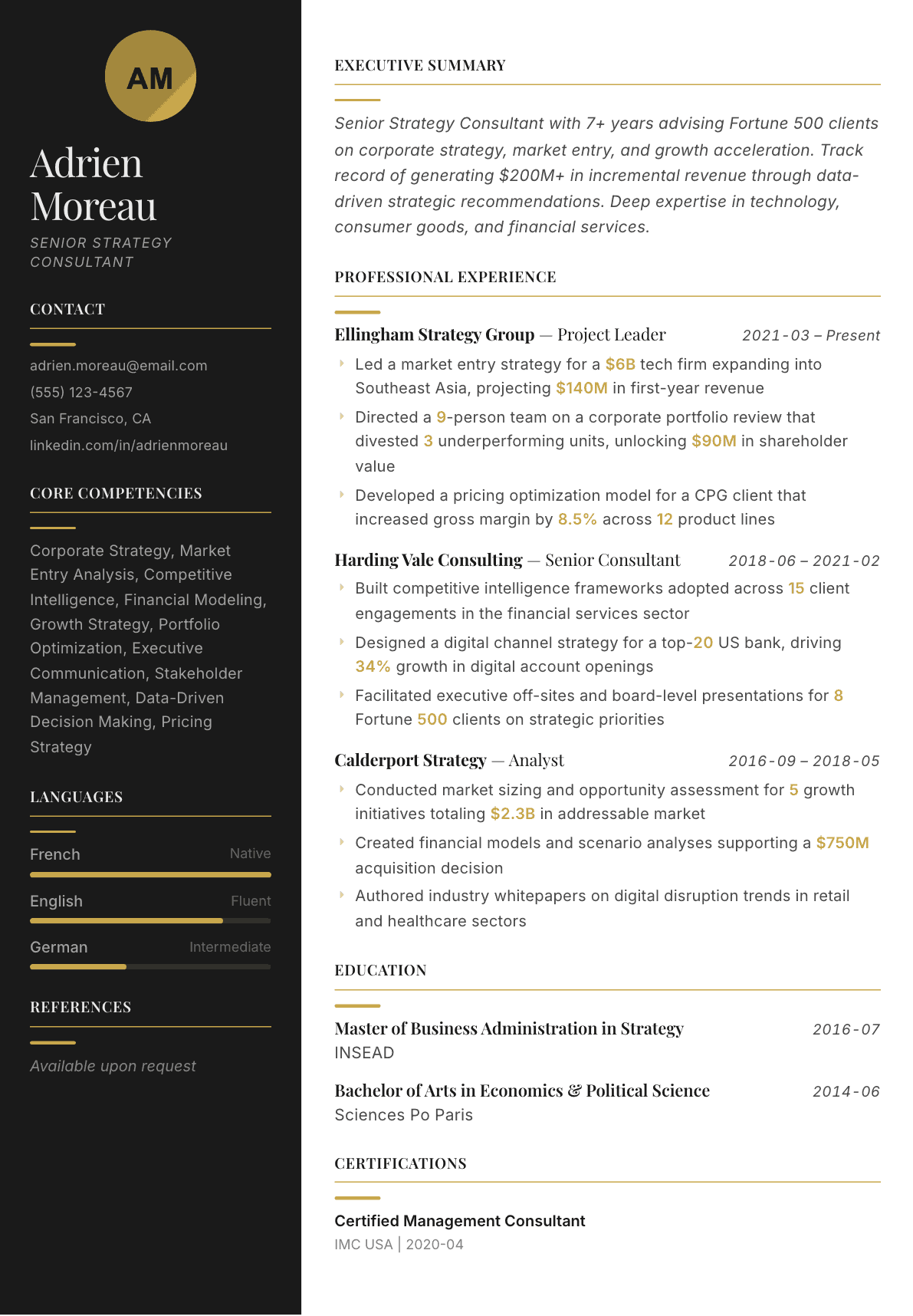 Strategy Consultant resume example, Ink & Gold template