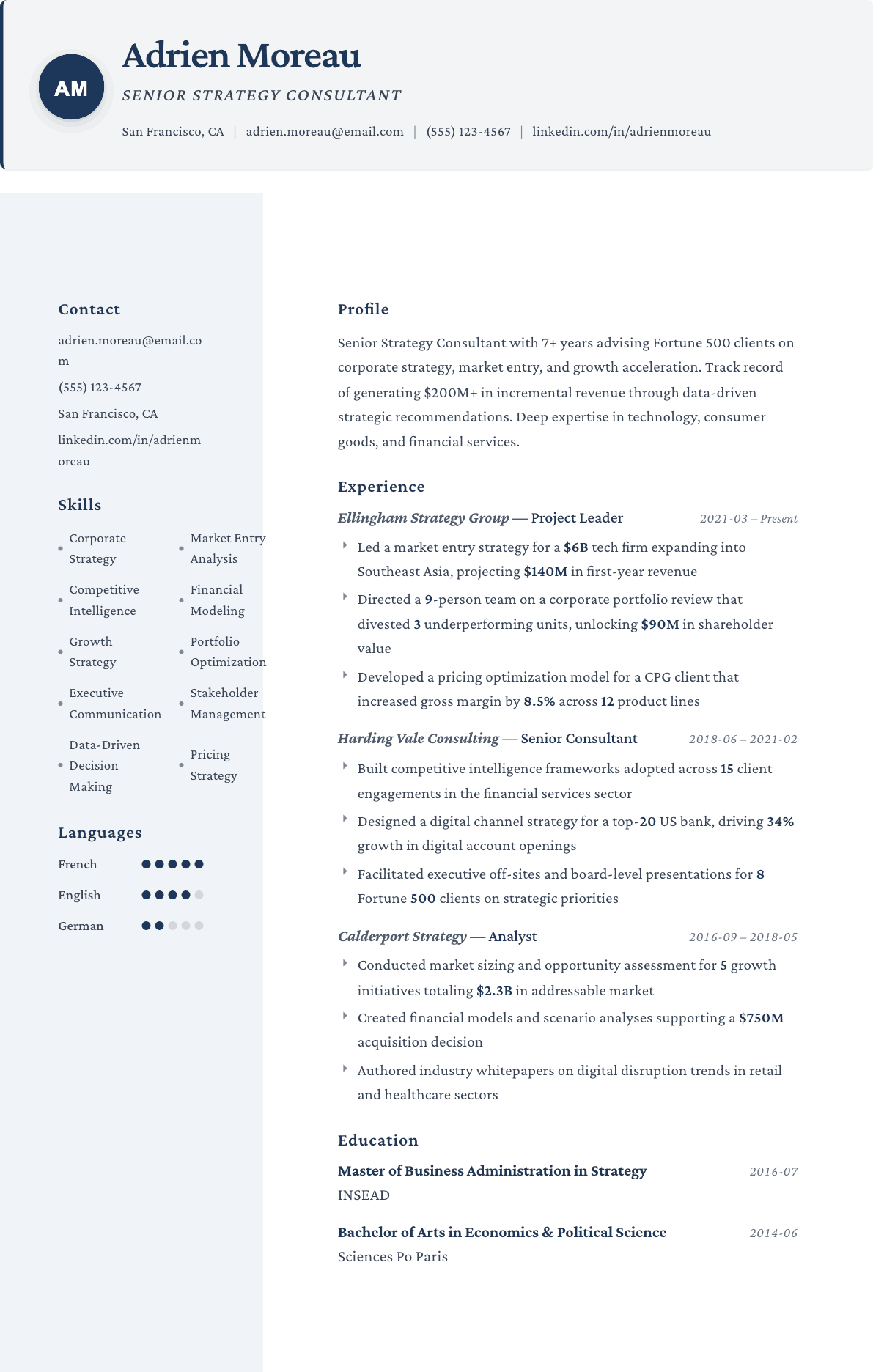 Strategy Consultant resume example, Formal template