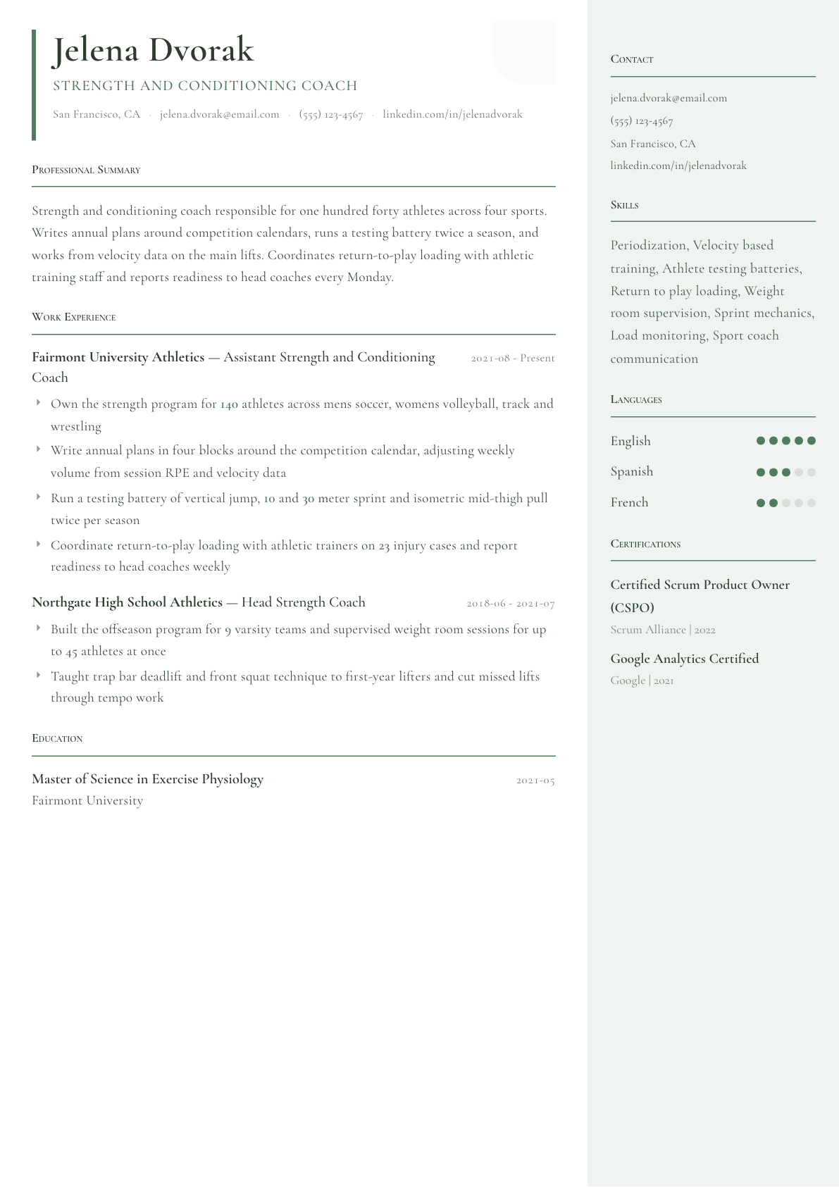 Strength and Conditioning Coach resume example, Copenhagen template
