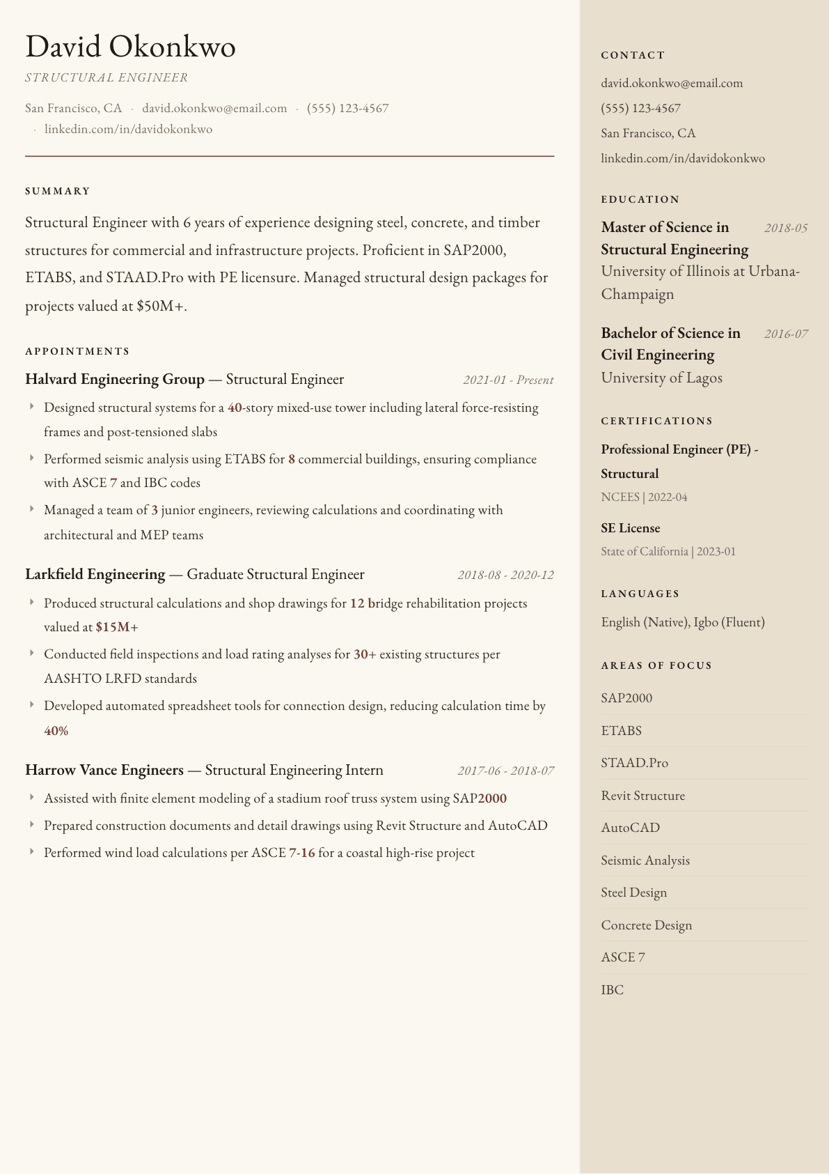 Structural Engineer resume example, Manuscript template
