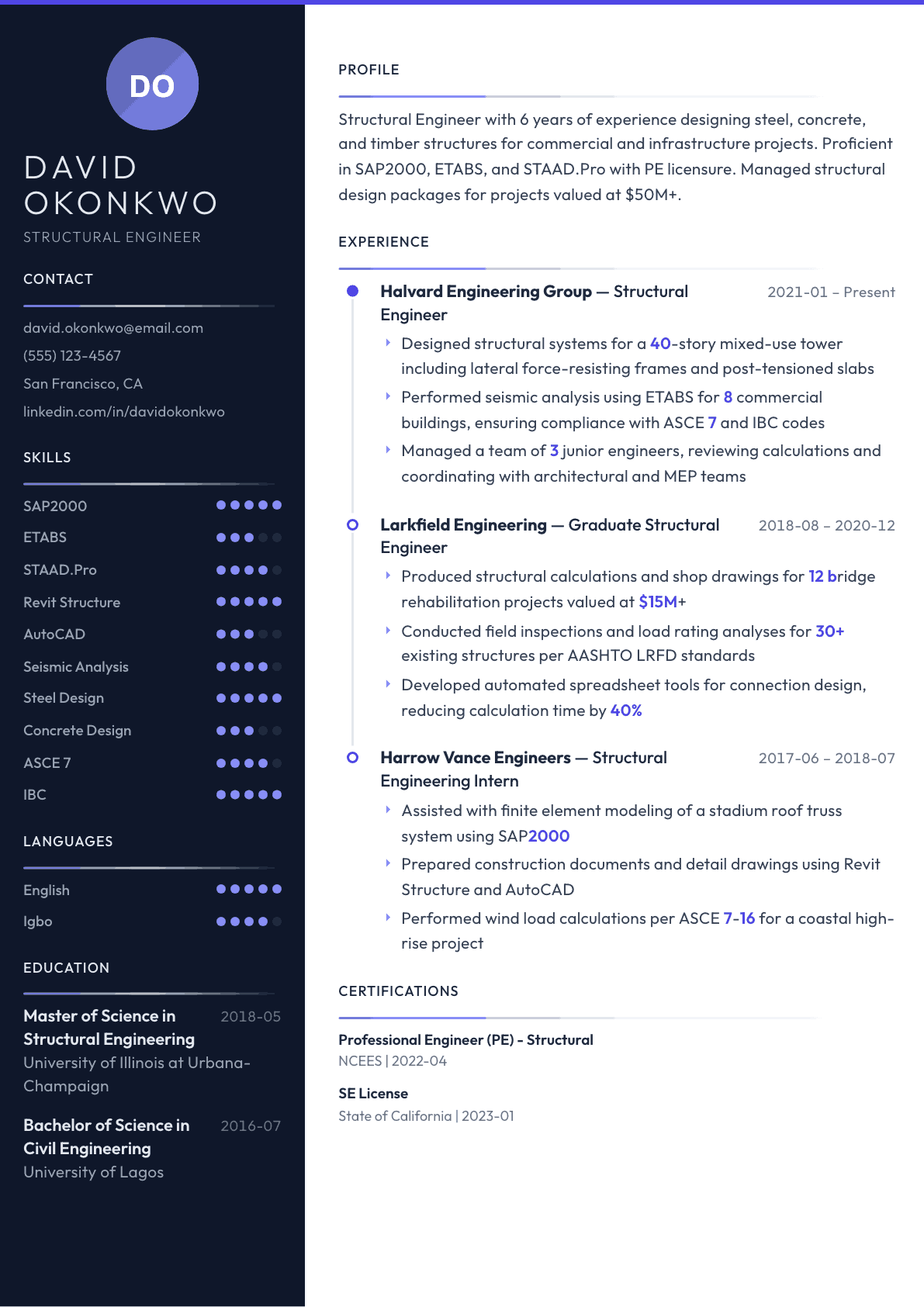 Structural Engineer resume example, Zenith template