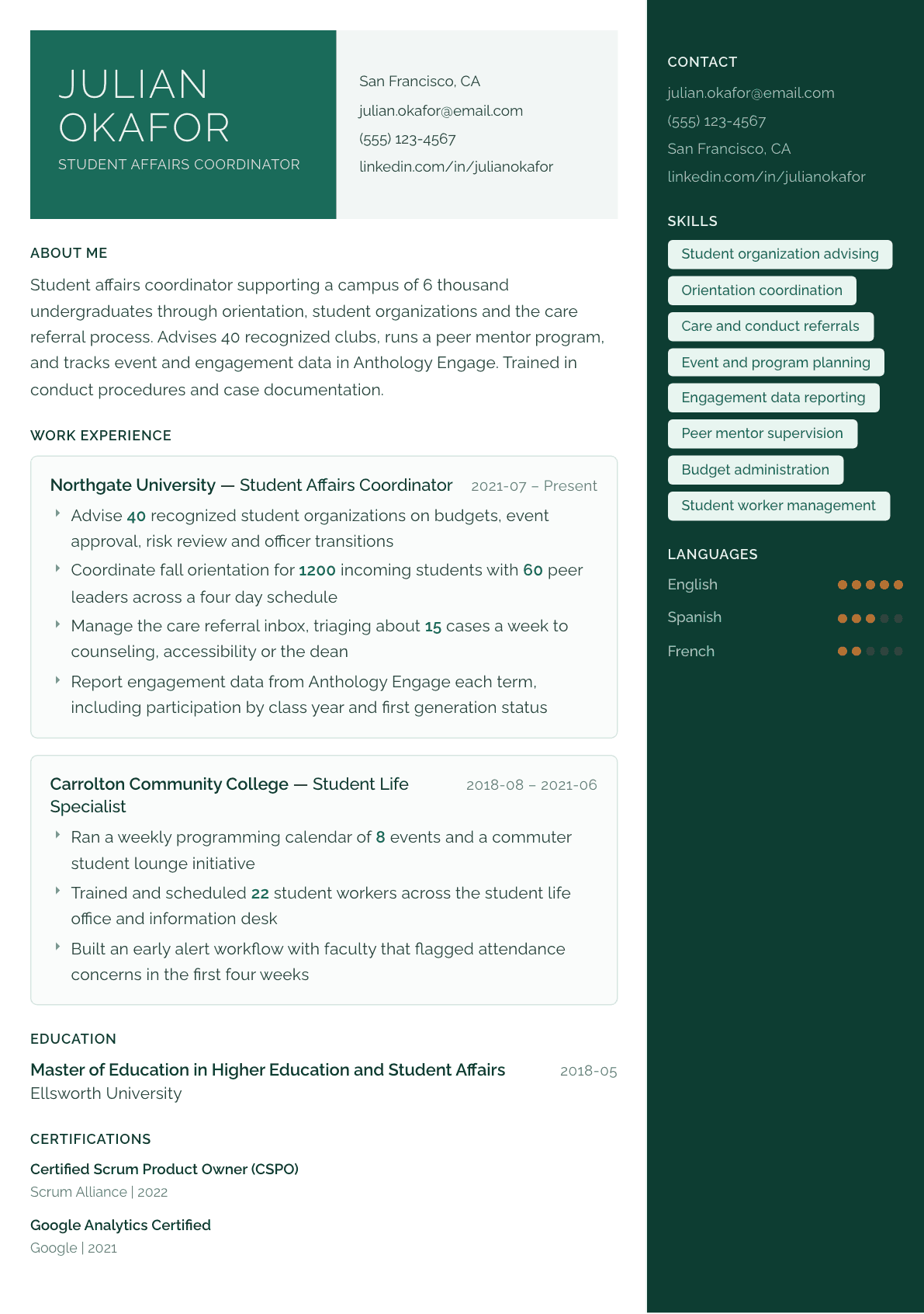 Student Affairs Coordinator resume example, Aurora template