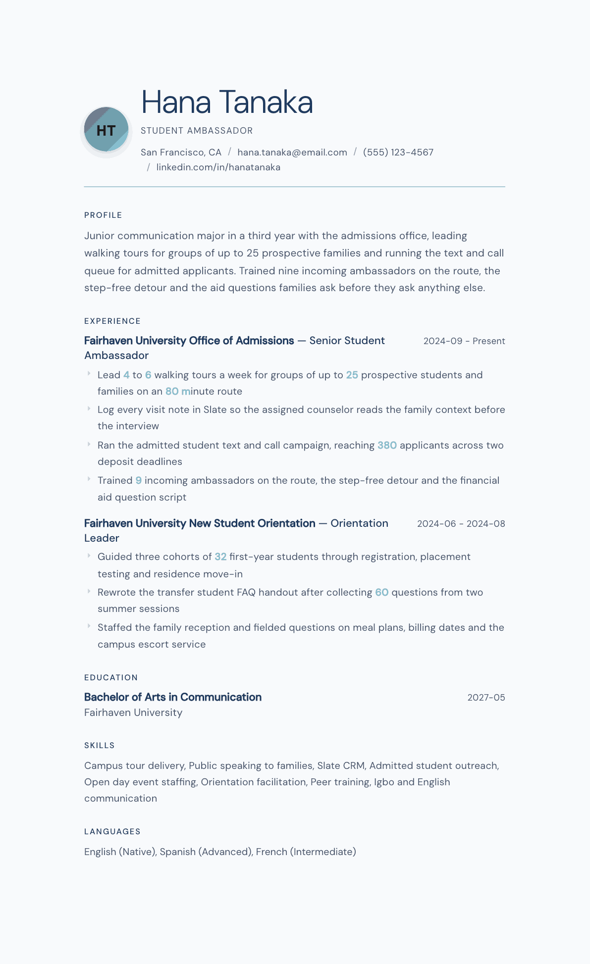 Student Ambassador resume example, Nordic Frost template