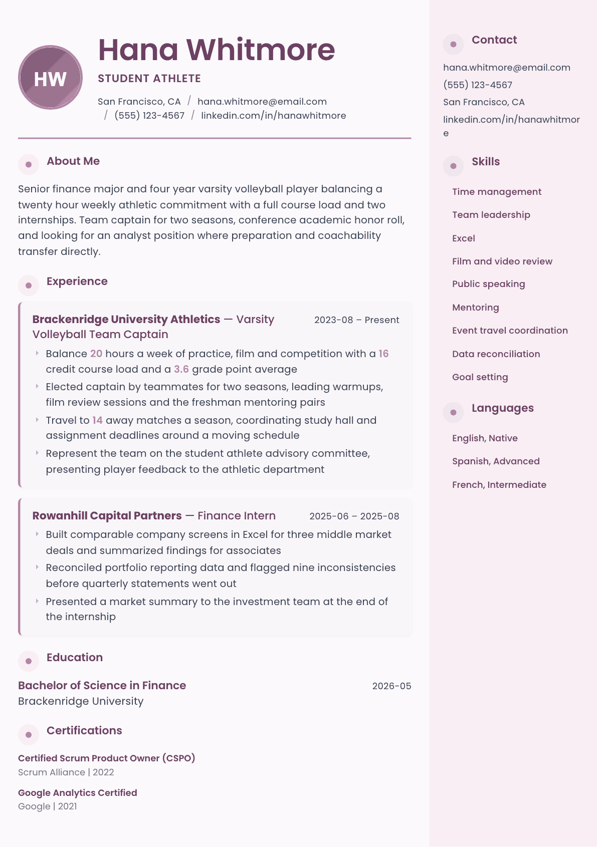 Student Athlete resume example, Bloom template