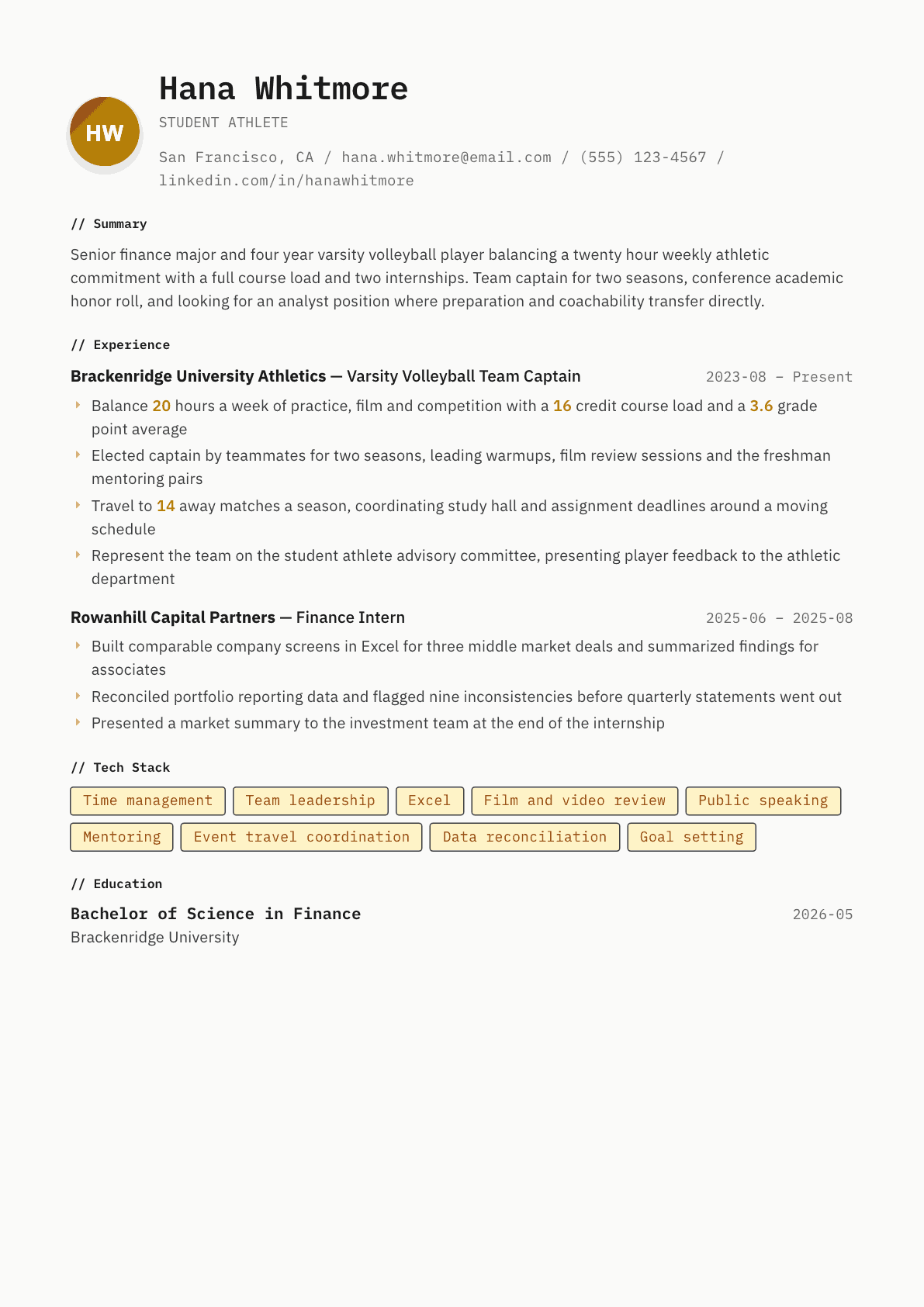 Student Athlete resume example, Inkwell template