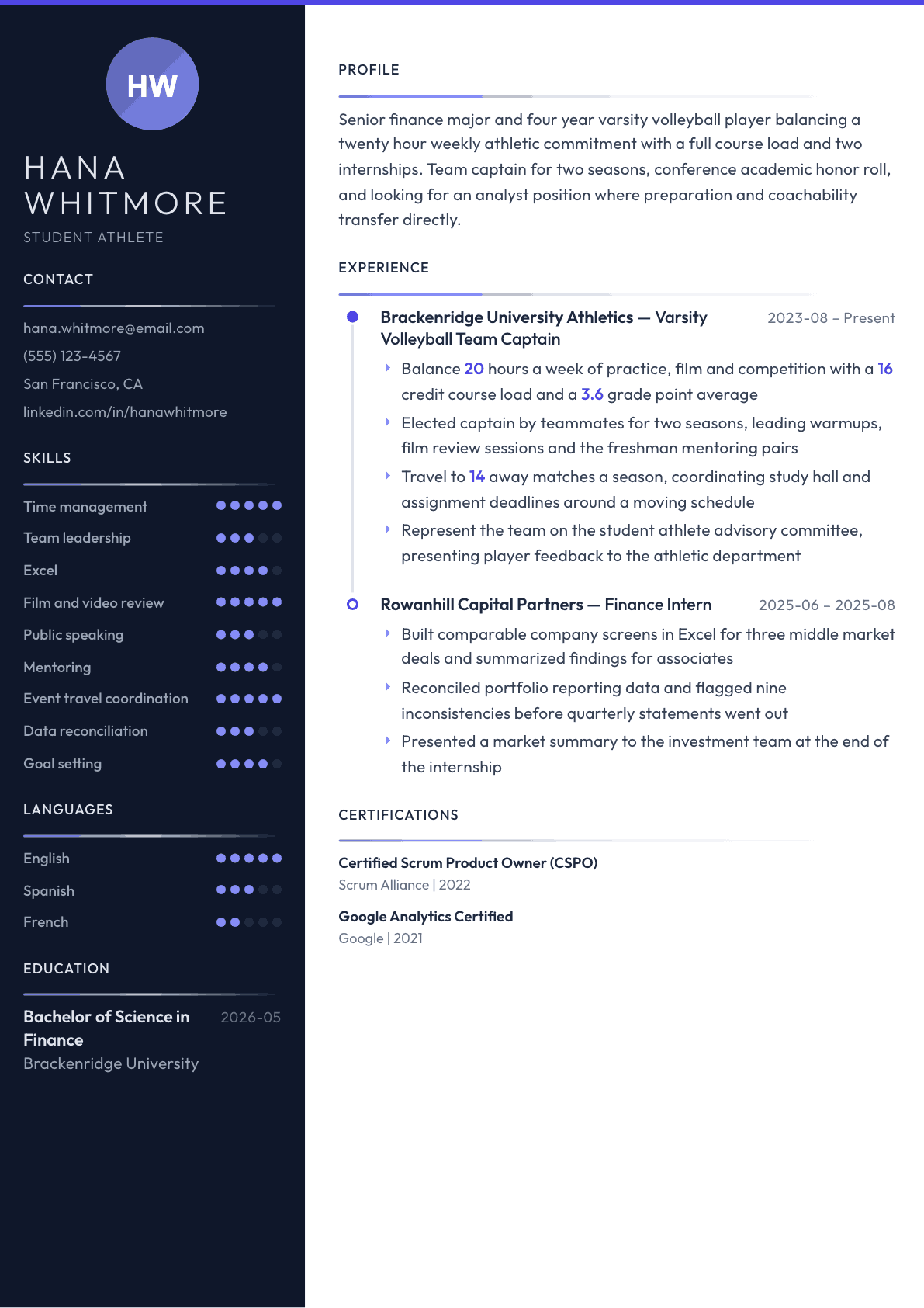 Student Athlete resume example, Zenith template