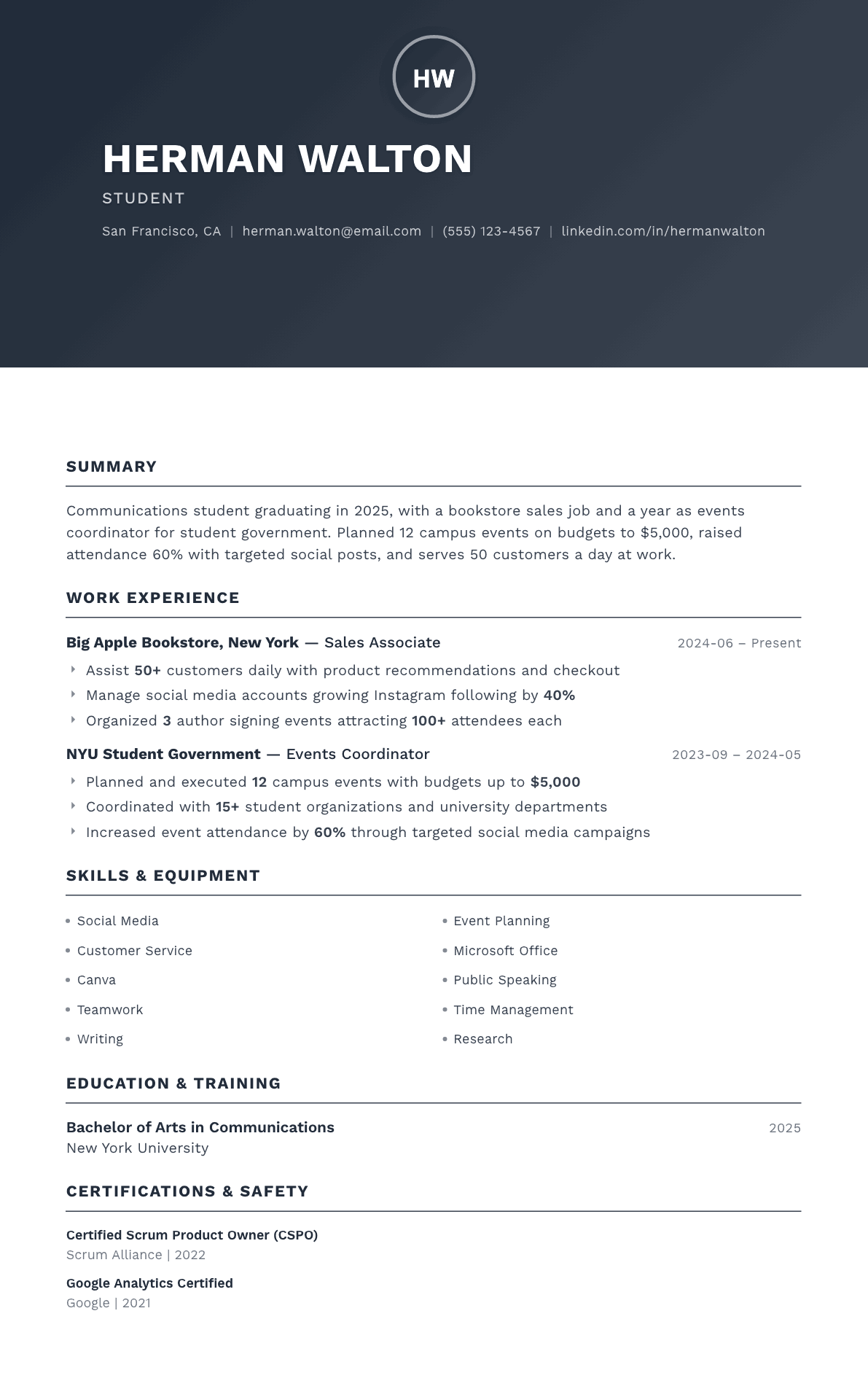 Student resume example, Foundation template