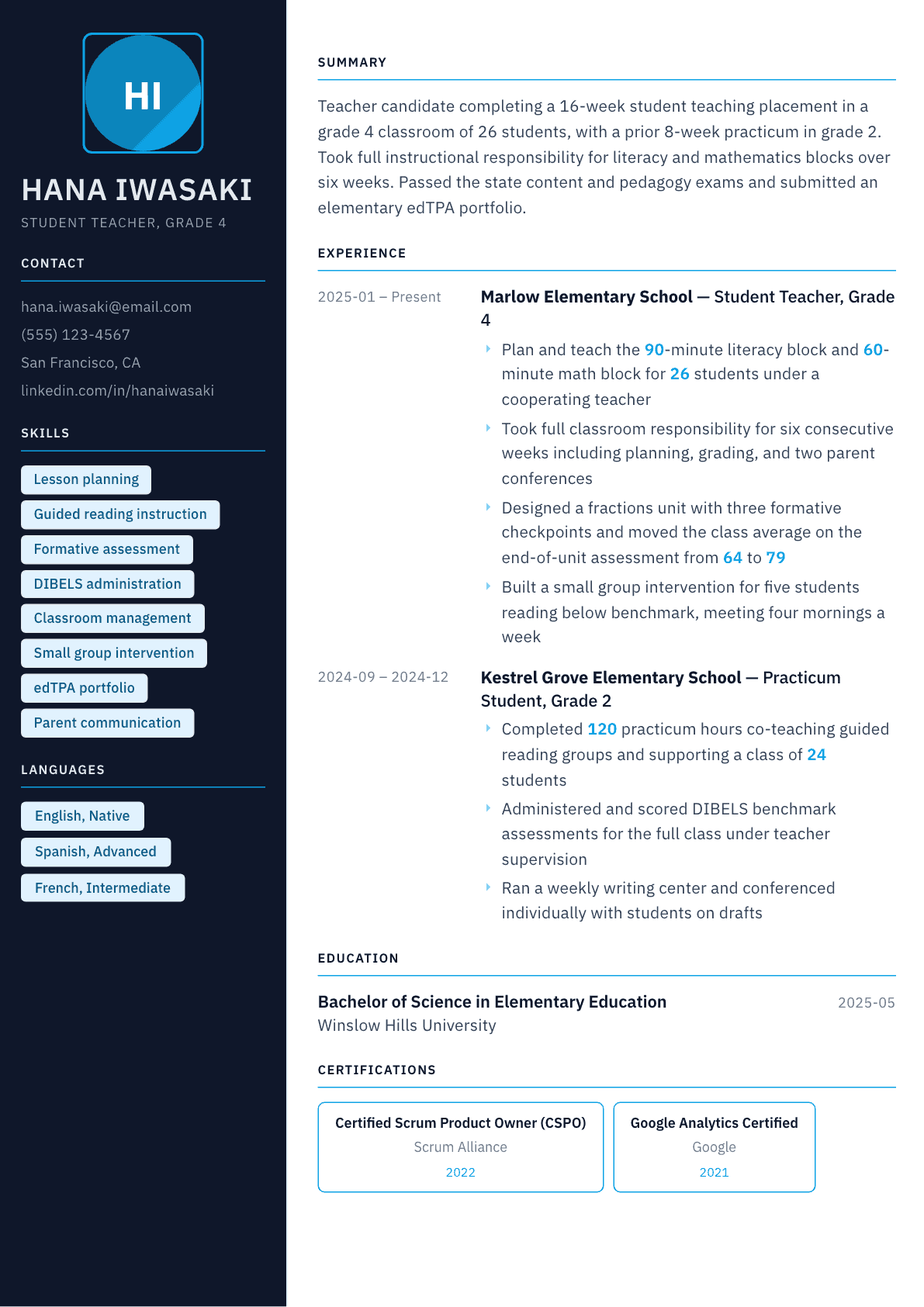 Student Teacher resume example, Everest template