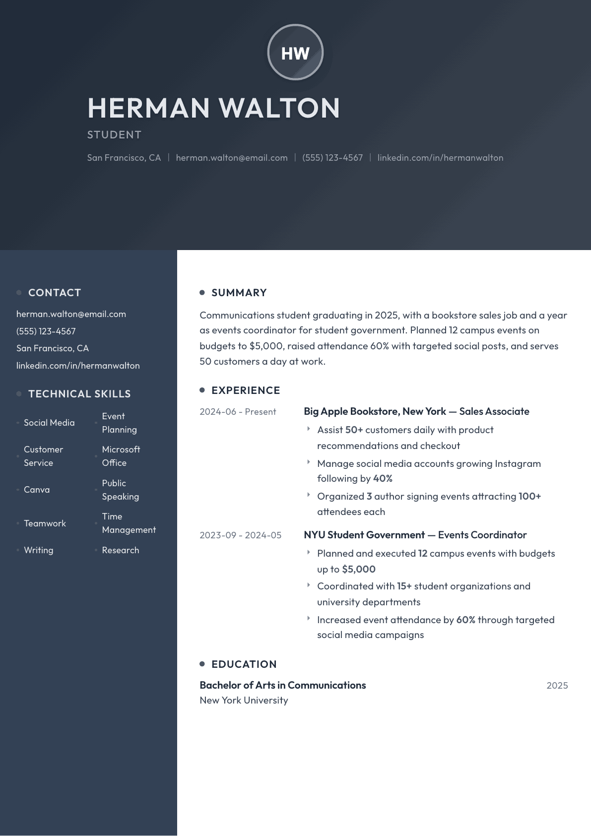 Student resume example, Binary template