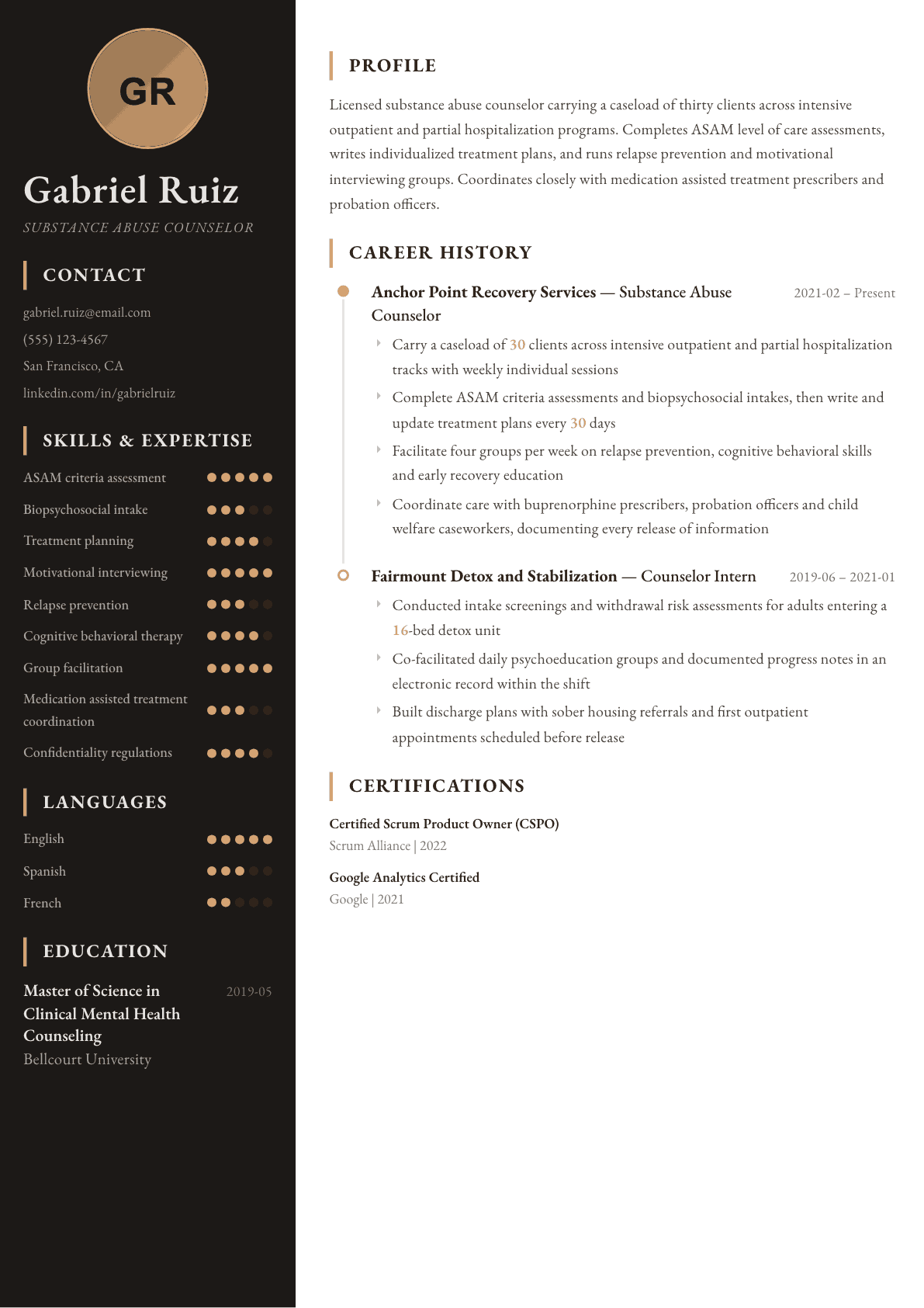 Substance Abuse Counselor resume example, Heritage template