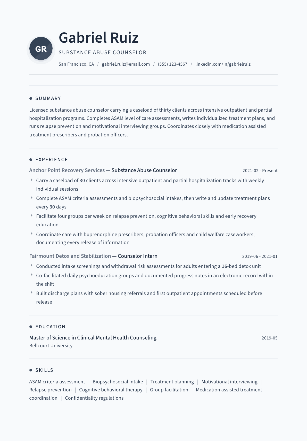 Substance Abuse Counselor resume example, Thread template