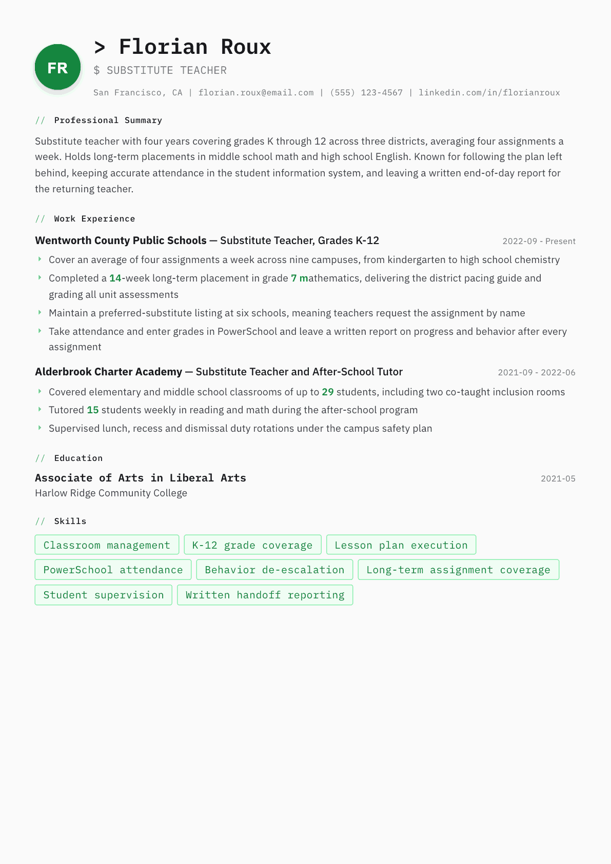 Substitute Teacher resume example, Amsterdam template