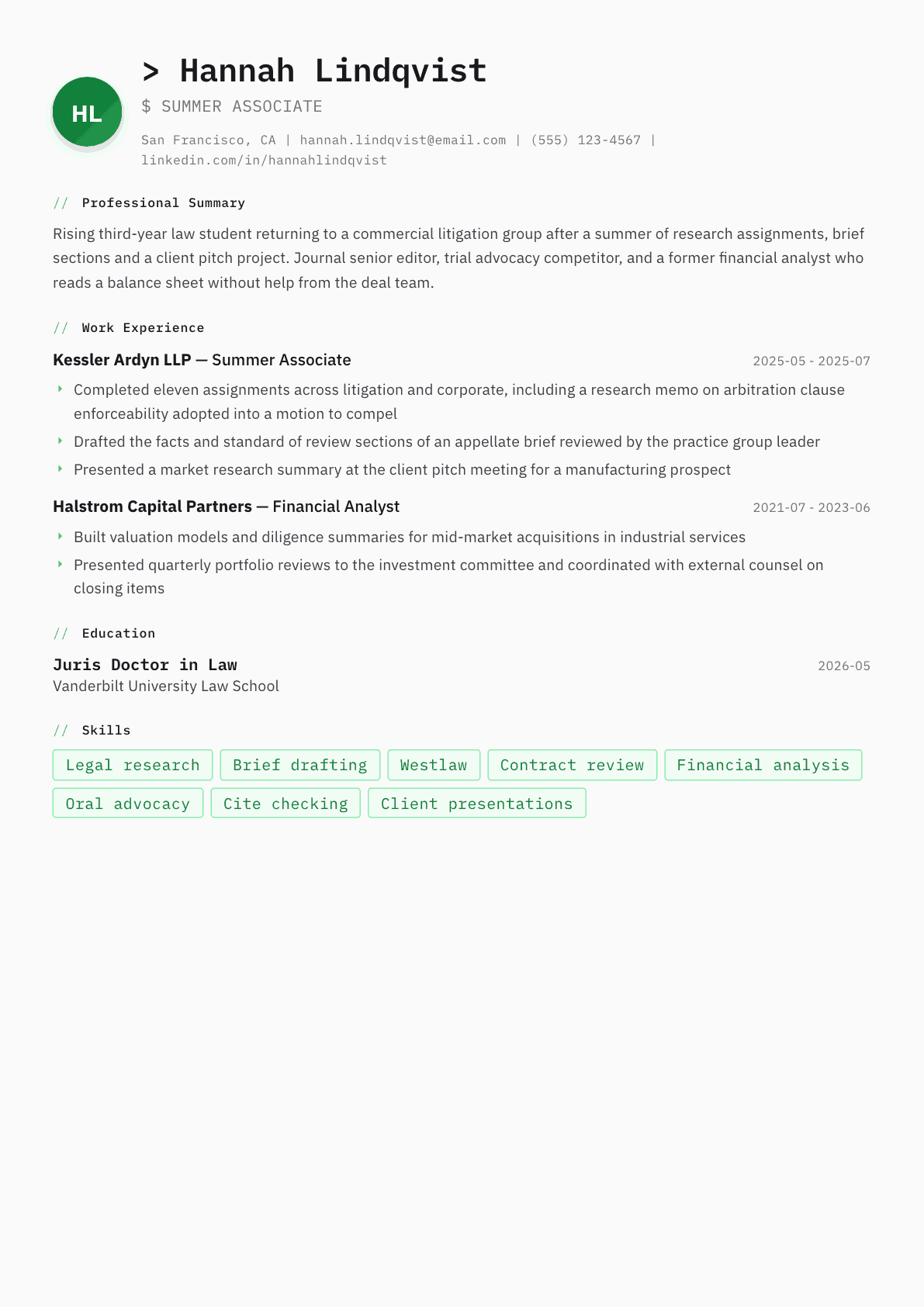 Summer Associate resume example, Amsterdam template