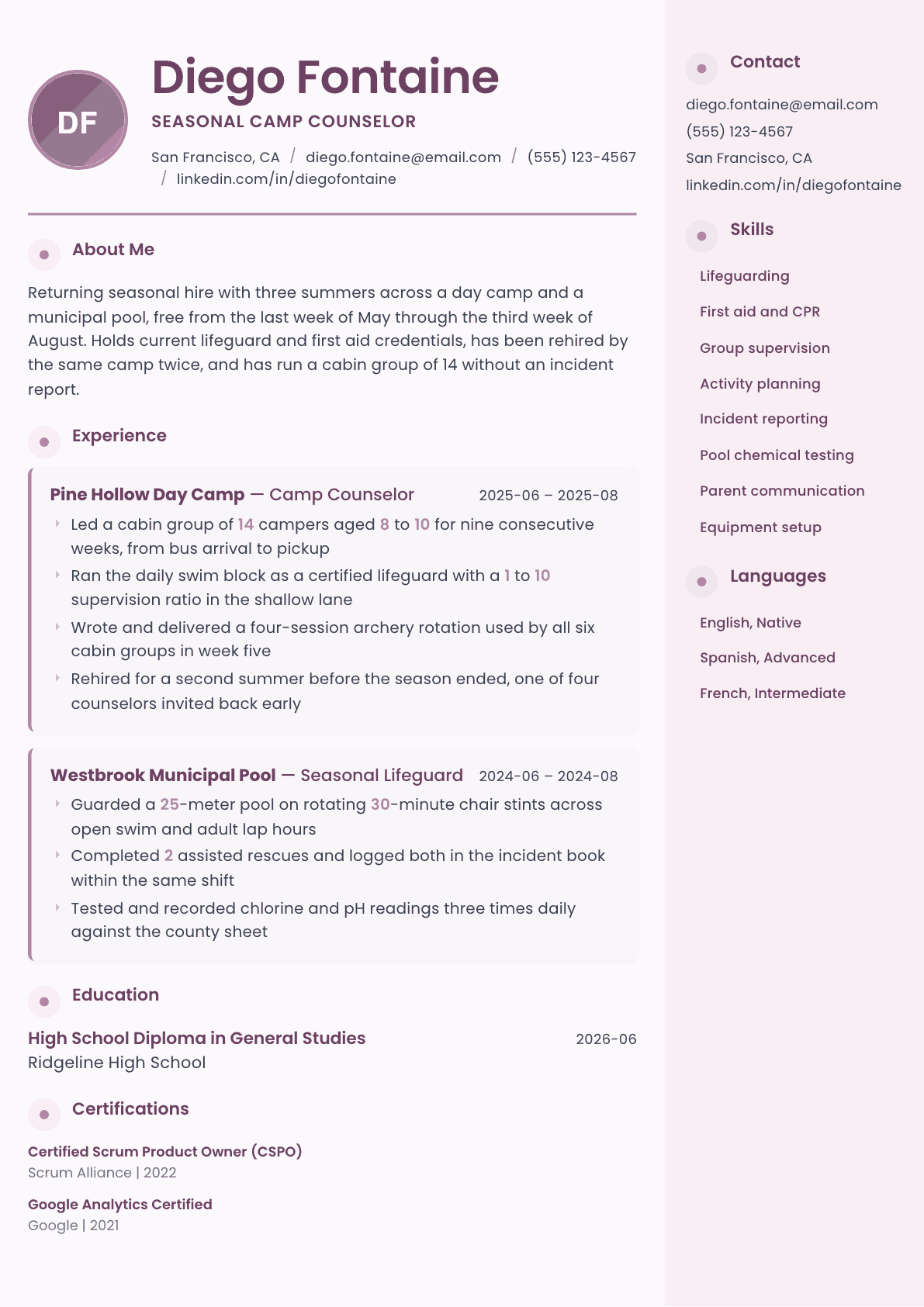 Summer Job resume example, Bloom template