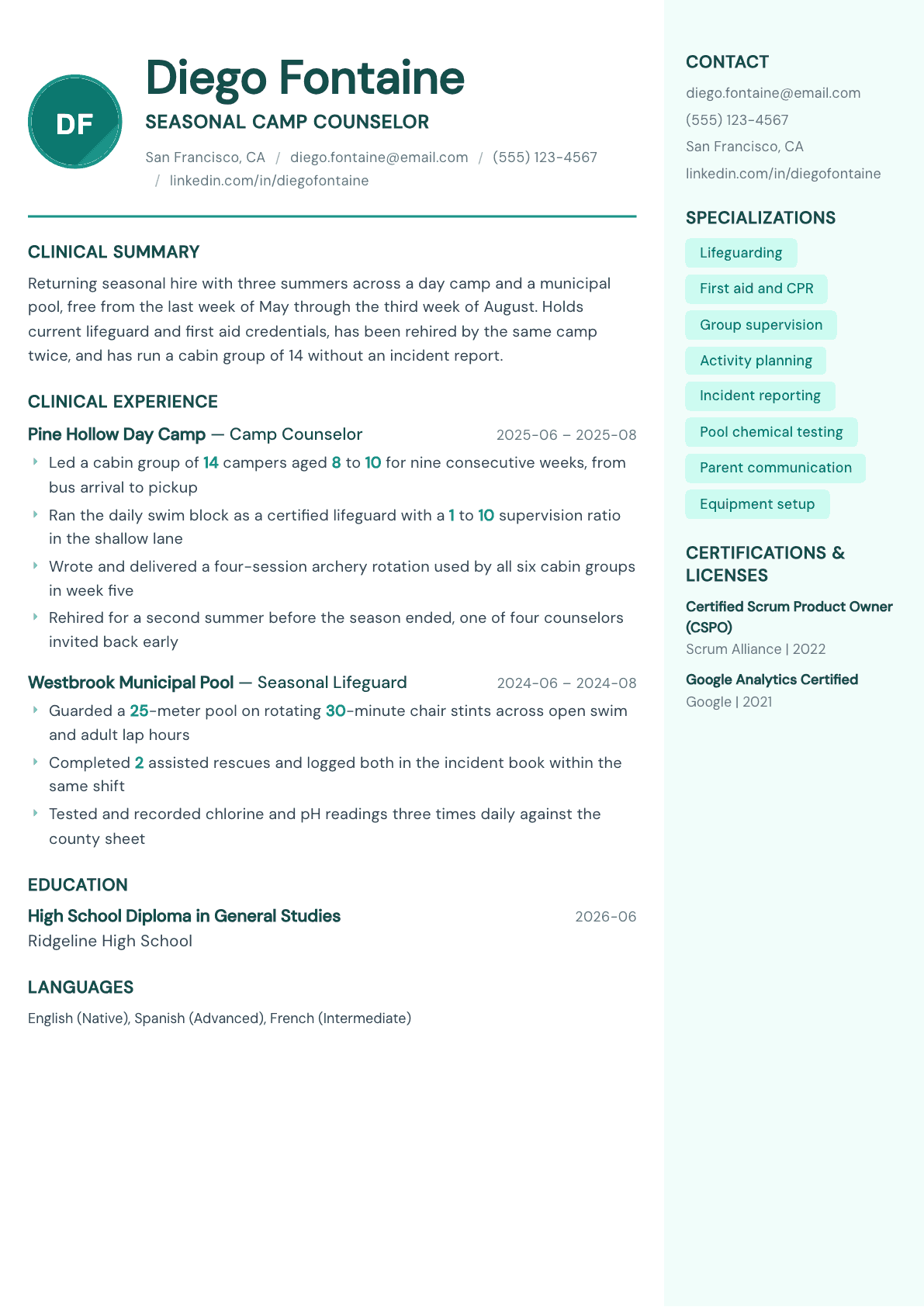 Summer Job resume example, Remedy template