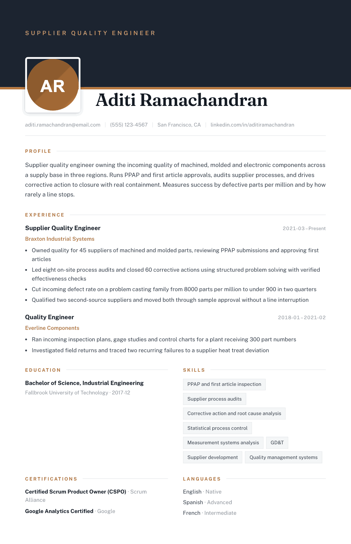 Supplier Quality Engineer resume example, Atrium template