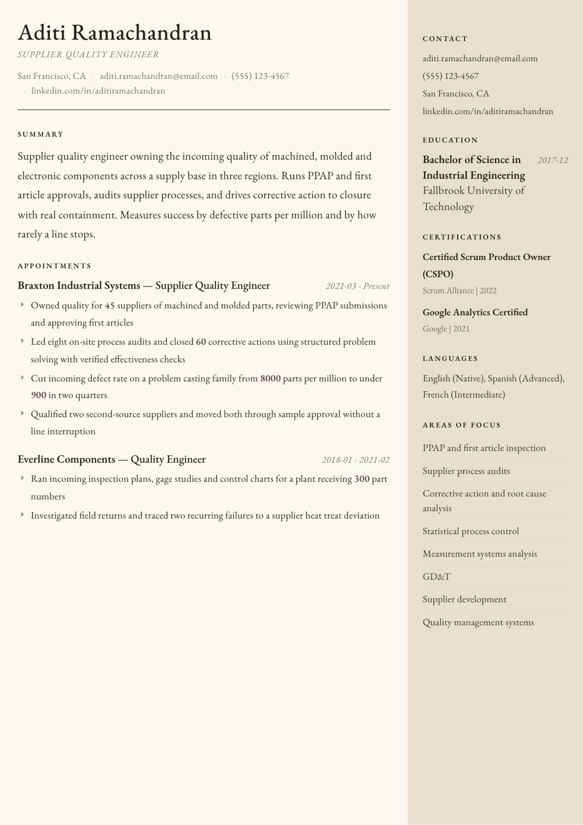 Supplier Quality Engineer resume example, Manuscript template