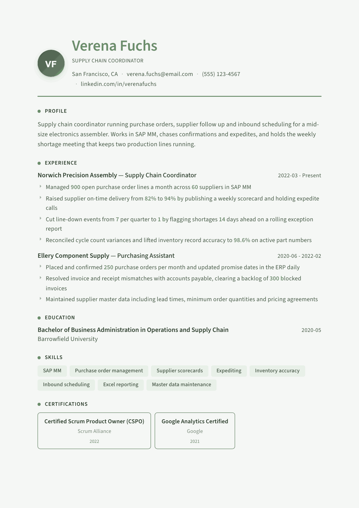 Supply Chain Coordinator resume example, Sage Garden template
