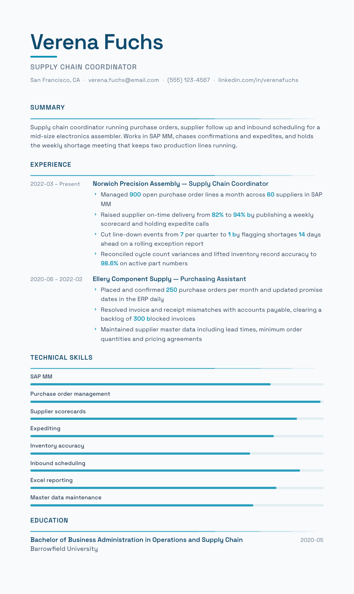 Supply Chain Coordinator resume example, Velocity template