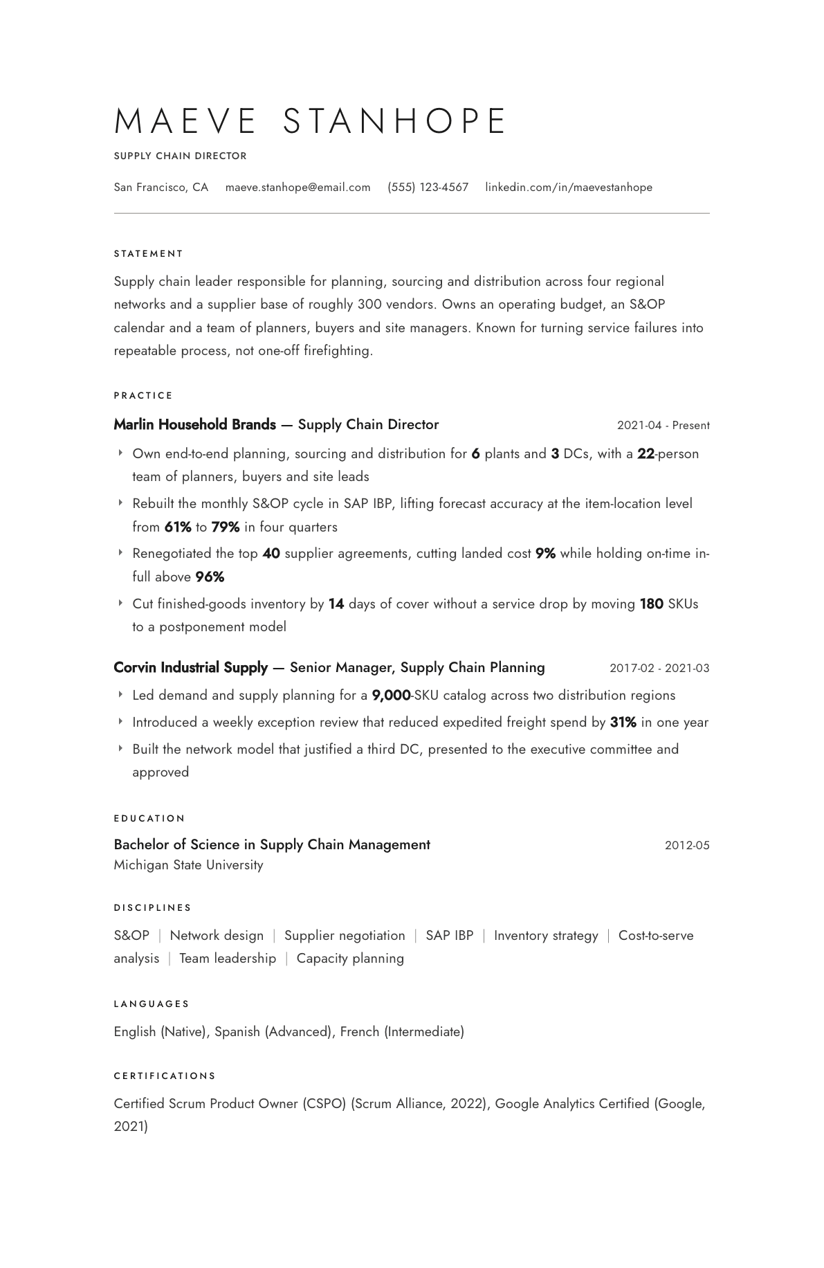 Supply Chain Director resume example, Atelier template