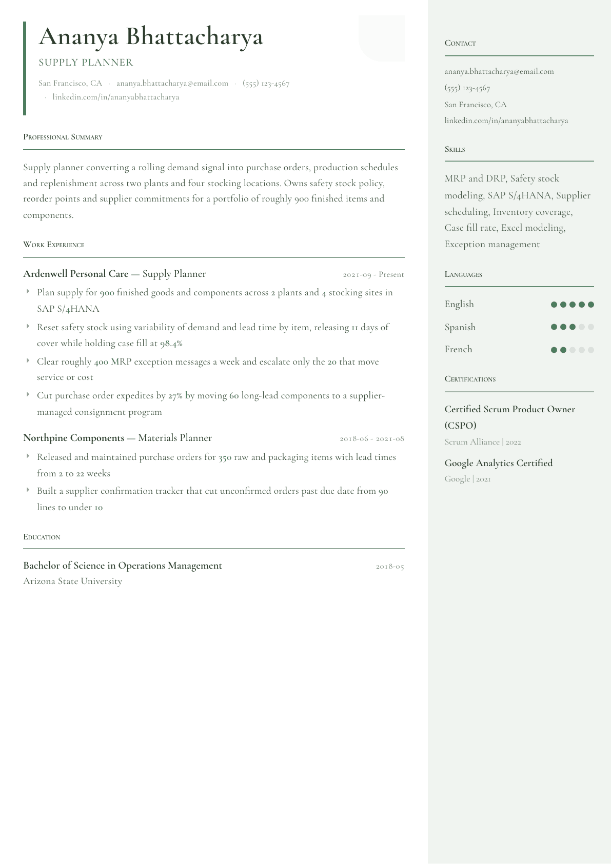 Supply Planner resume example, Copenhagen template