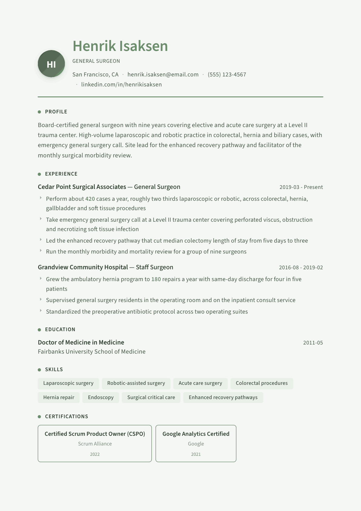 Surgeon resume example, Sage Garden template